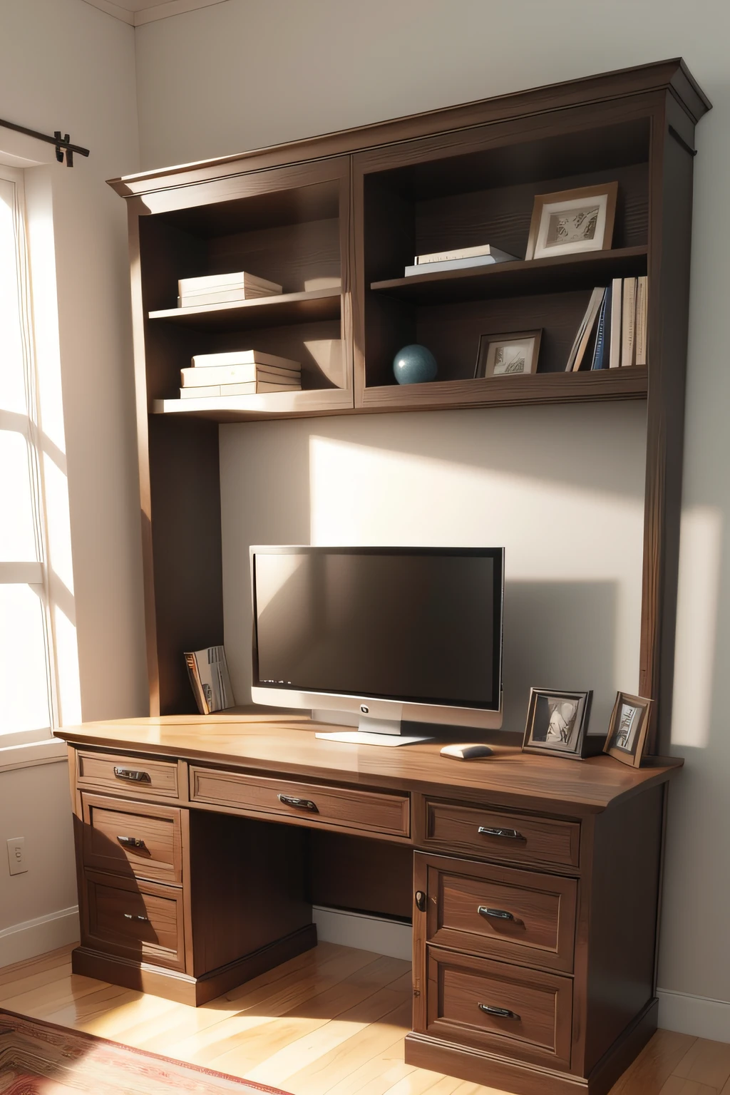 A set desk lamp，drawer，Study desk，Bookcase and TV in one，The material is wood，There is a sense of technology，Simple structure