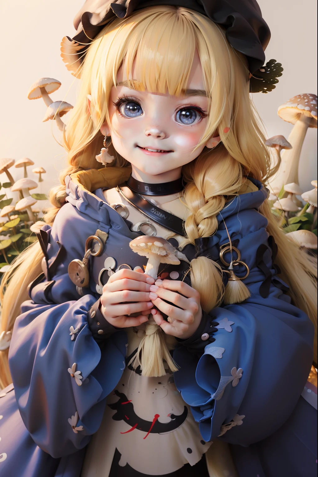 Cute image
Hair,Mushrooms bloom on top
The face of a little girl a mushroom umbrella
Mushroom details,Such as lines and points
The little girl was smilinkle
Colorful clothing and accessories
Little girl holding flowers or otops in her hand
The mushrooms blend harmoniously with the surrounding nature
Cute little animals to accompany little girls
Warm bright background color