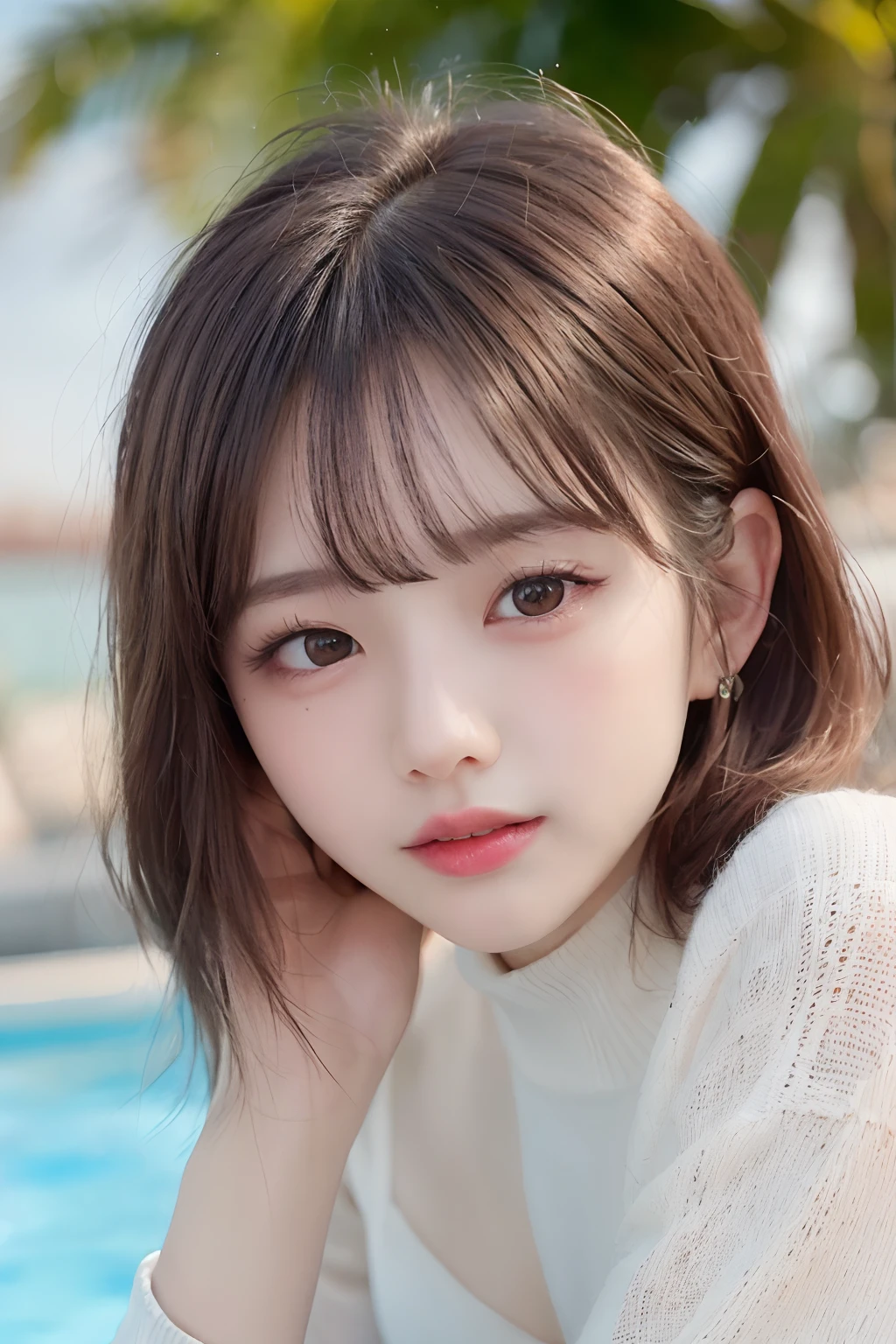pureerosface_v1, Top Quality, Photorealistic, 8K, High Definition, 1 Girl, Woman, (Skindentation), (Portrait: 0.6), Gorgeous, Dynamic Pose, (((Poolside Background: 1.6)), Coconut Tree, ((Medium Size Round Breasted, White High Neck Sweater: 1.4)), Look straight at the viewer: 1.8, (1 Girl eyes looking at the viewer, medium-length hair, brown hair, parted bangs: 1.65), (bokeh), smile: 1.2, (mouth closed: 1.16),