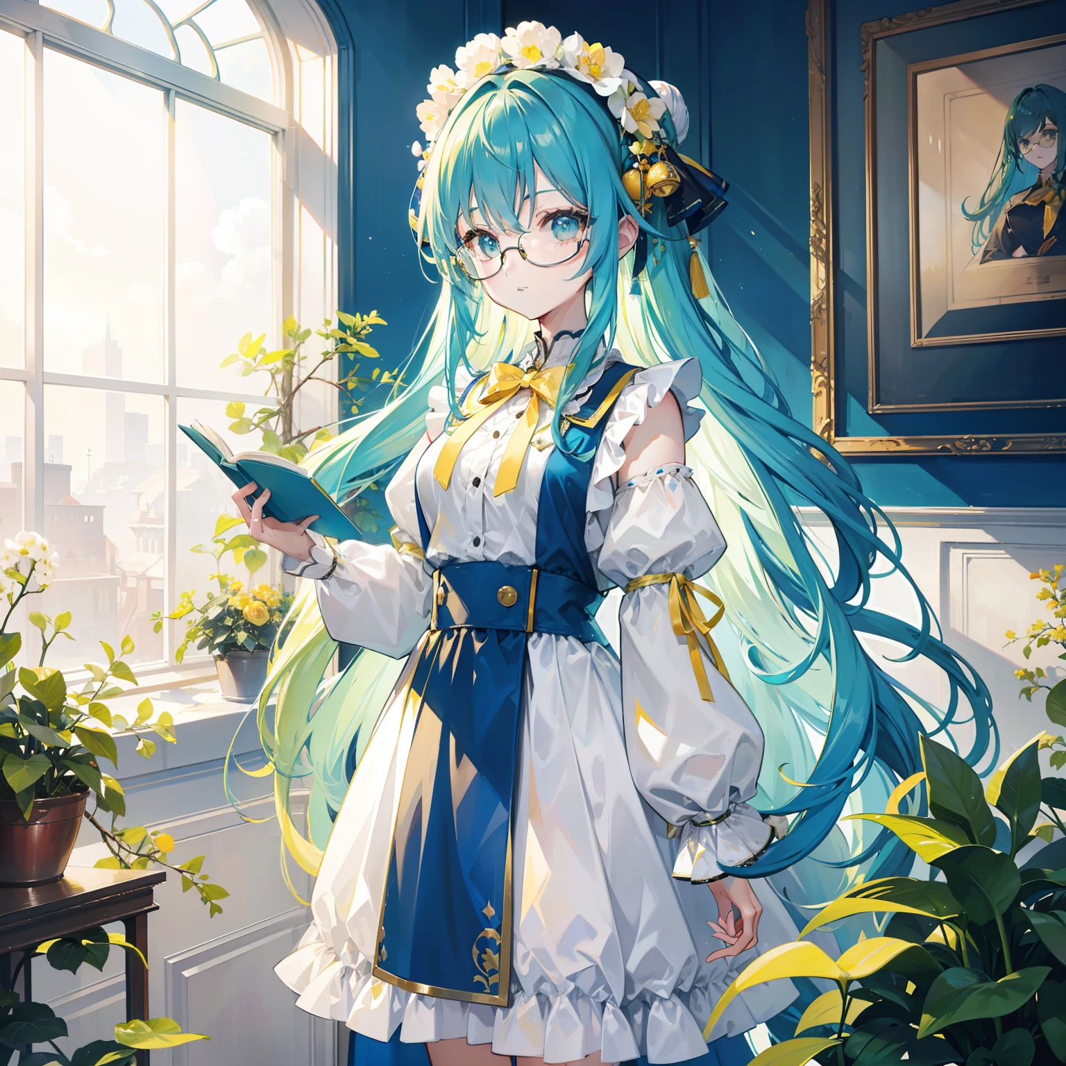 Long light yellowish blue hair，Plain yellow and blue with clothes，There are green and reddish-brown ornaments as decorations，With black-framed glasses，She is a lovely intellectual beautiful girl