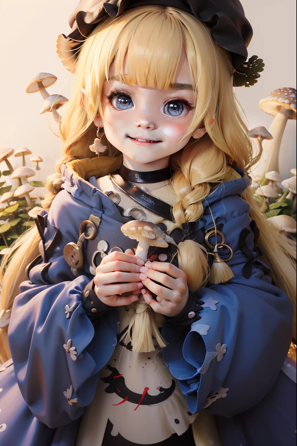 Cute girl image
Hair,Mushrooms bloom on top
The face of a littlecovered by a mushroom umbrella
Mushroom details,Such as lines and points
The little girl iling,Eyes sparkle
Colorful clothing and accessories
Little girl holding flowers or other cute props in her hand
The mushrooms blend harmoniously with the surrounding nature
Cute little animals to accompany little girls
Warm background color
