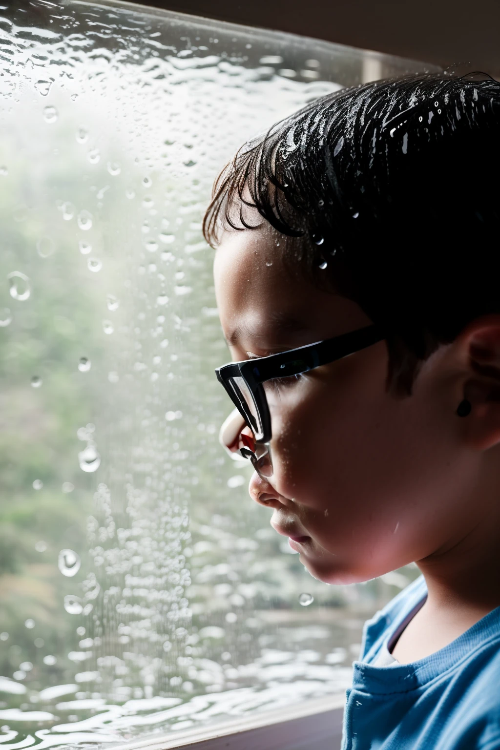 guttonerdvision10, A RAW photograph capturing a hyper-realistic portrait of a 3-year-old boy wearing glasses, gazing at the rain falling outside the house through the wet window. The image meticulously details the boy's skin with a level of detail at 1.3, revealing the texture and natural features of his face.

In the scene, rain is pouring down outside, creating a soothing and contemplative atmosphere. The boy's expression as he watches the rain adds a touch of innocence and wonder to the image.

The photograph is presented in UHD with a hyper-realism level of 1.3, ensuring exceptional visual quality. Rendering is done using Octane, capturing the authentic feeling of the rainy environment and the genuine expression of the boy, making it a captivating and emotionally resonant image.