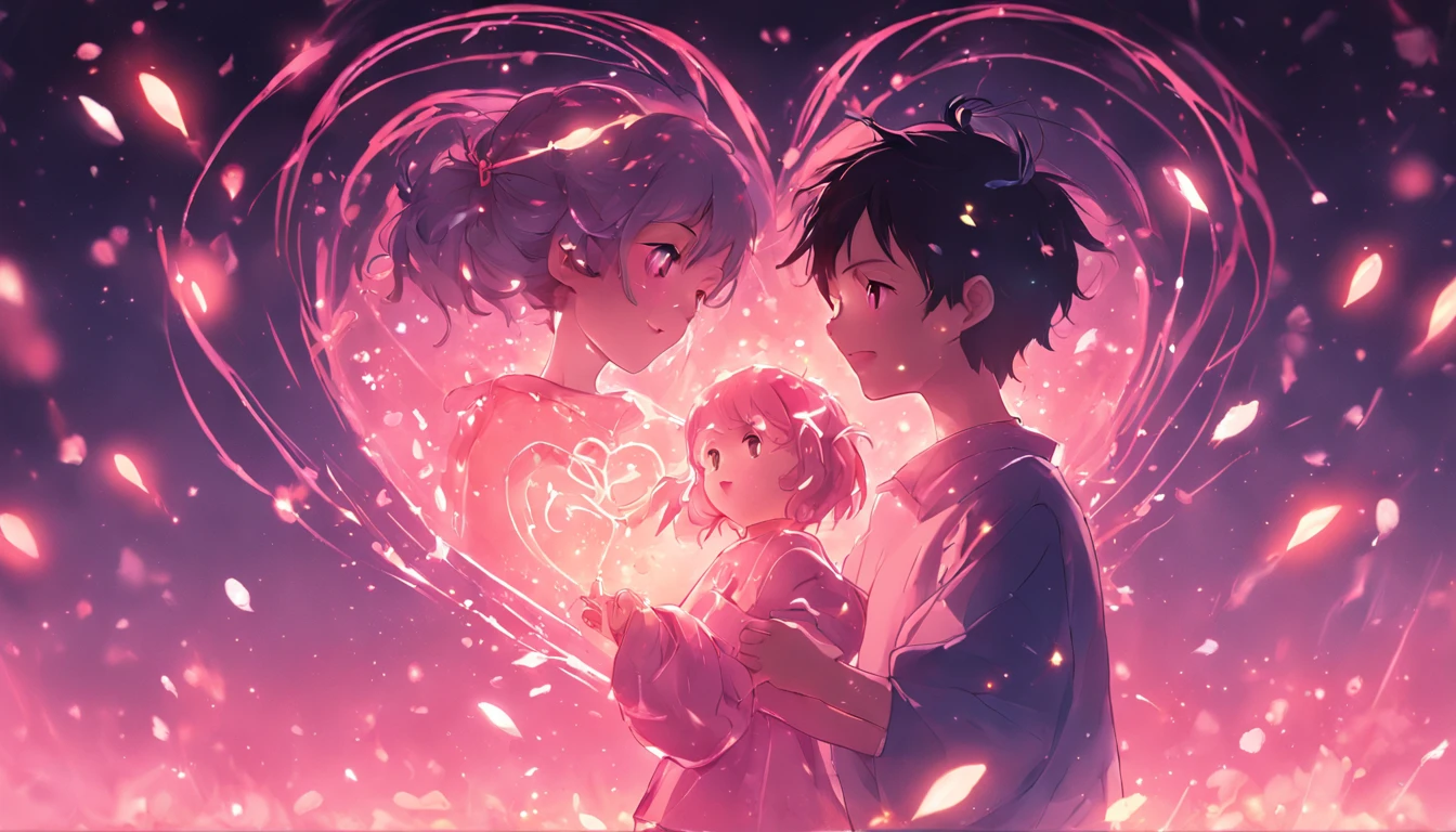 the night,In pink,Fireworks all over the sky,Heart-shaped bubbles,Child couples,Cartoony,Chubby little girl and little boy hugging each other,Glowing fireflies around,,Cute and cute,KIDS ILLUSTRATION,Glow effects,Dingdall effect,depth of fields,high light,Real light,Ray traching,oc rendered,Hyper-realistic,best qualtiy,8K,Works of masters,super-fine,Detailed pubic hair,Correct anatomy,sharp focus on eyes,Bokeh,Facial features are carefully depicted