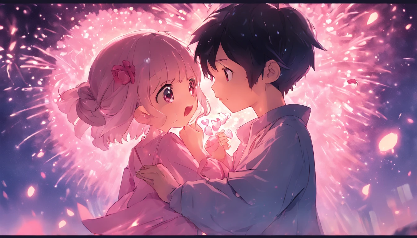 the night，In pink，Fireworks all over the sky，Heart-shaped bubbles，Child couples，Cartoony，Chubby little girl and little boy hugging each other，Glowing fireflies around，，Cute and cute，KIDS ILLUSTRATION，Glow effects，Dingdall effect，depth of fields，high light，Real light，Ray traching，oc rendered，Hyper-realistic，best qualtiy，8K，Works of masters，super-fine，Detailed pubic hair，Correct anatomy，sharp focus on eyes，Bokeh，Facial features are carefully depicted