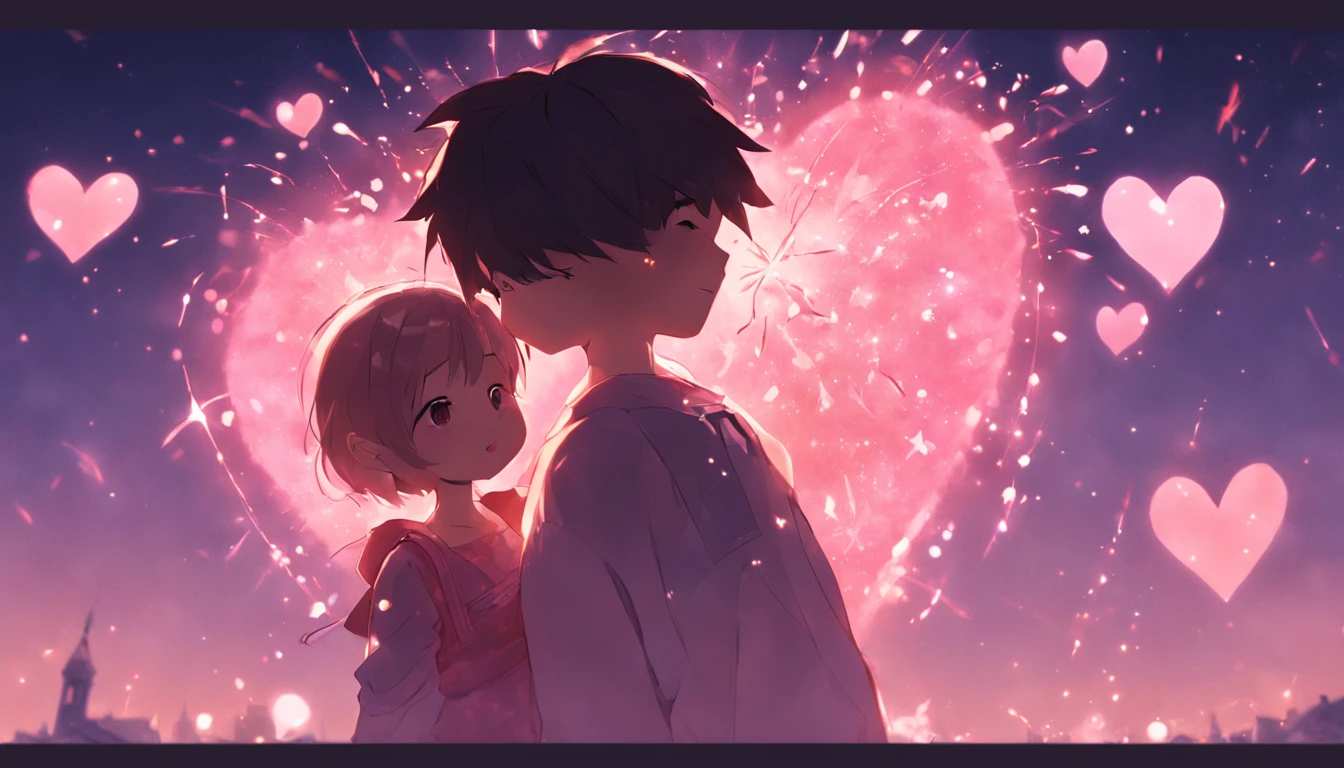 the night,In pink,Fireworks all over the sky,Heart-shaped bubbles,Child couples,Cartoony,Chubby little girl and little boy hugging each other,Glowing fireflies around,,Cute and cute,KIDS ILLUSTRATION,Glow effects,Dingdall effect,depth of fields,high light,Real light,Ray traching,oc rendered,Hyper-realistic,best qualtiy,8K,Works of masters,super-fine,Detailed pubic hair,Correct anatomy,sharp focus on eyes,Bokeh,Facial features are carefully depicted