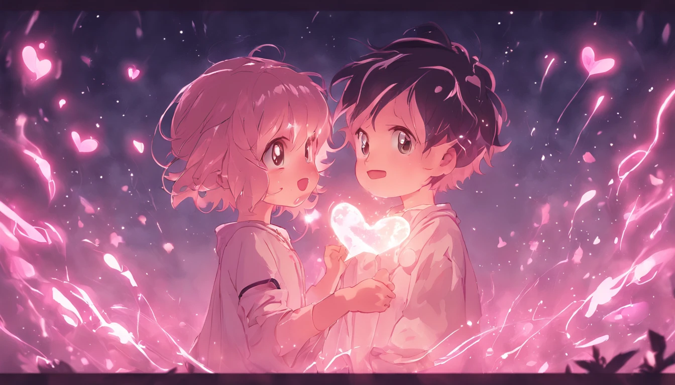 the night，In pink，Fireworks all over the sky，Heart-shaped bubbles，Child couples，Cartoony，Chubby little girl and little boy hugging each other，Glowing fireflies around，，Cute and cute，KIDS ILLUSTRATION，Glow effects，Dingdall effect，depth of fields，high light，Real light，Ray traching，oc rendered，Hyper-realistic，best qualtiy，8K，Works of masters，super-fine，Detailed pubic hair，Correct anatomy，sharp focus on eyes，Bokeh，Facial features are carefully depicted