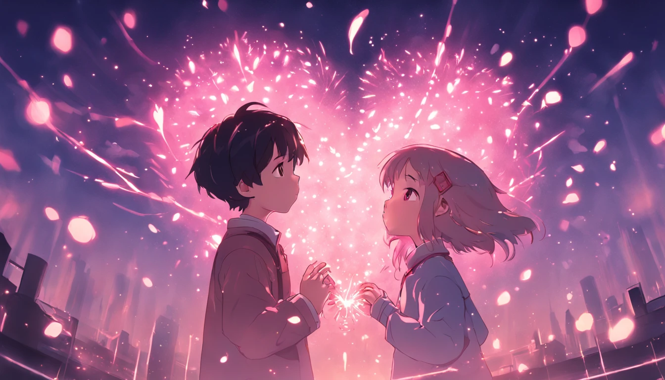 the night，In pink，Fireworks all over the sky，Heart-shaped bubbles， couples，Cartoony，Chubby littl and little boy g each other，Glowing fireflies around，，Cute and cute，KIDS ILLUSTRATION，Glow effects，Dingdall effect，depth of fields，high light，Real light，Ray traching，oc rendered，Hyper-realistic，best qualtiy，8K，Works of masters，super-fine，Detailed pubic hair，Correct anatomy，sharp focus on eyes，Bokeh，Facial features are carefully depicted