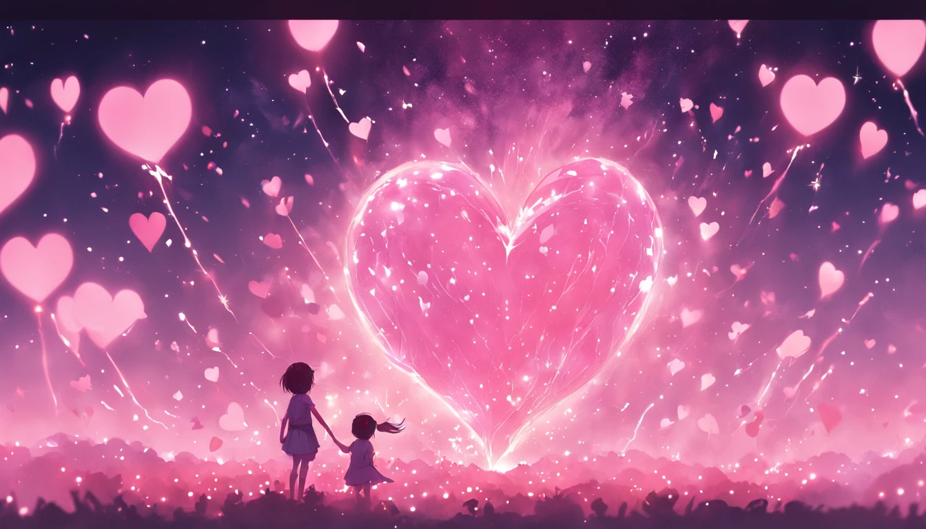 the night,In pink,Fireworks all over the sky,Heart-shaped bubbles, couples,Cartoony,Chubby littl and little boy g each other,Glowing fireflies around,,Cute and cute,KIDS ILLUSTRATION,Glow effects,Dingdall effect,depth of fields,high light,Real light,Ray traching,oc rendered,Hyper-realistic,best qualtiy,8K,Works of masters,super-fine,Detailed pubic hair,Correct anatomy,sharp focus on eyes,Bokeh,Facial features are carefully depicted