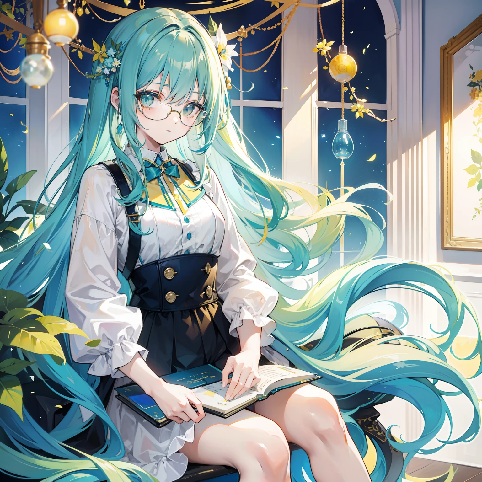 Long light yellowish blue hair，Plain yellow and blue with clothes，There are green and reddish-brown ornaments as decorations，With black-framed glasses，She is a lovely intellectual beautiful girl