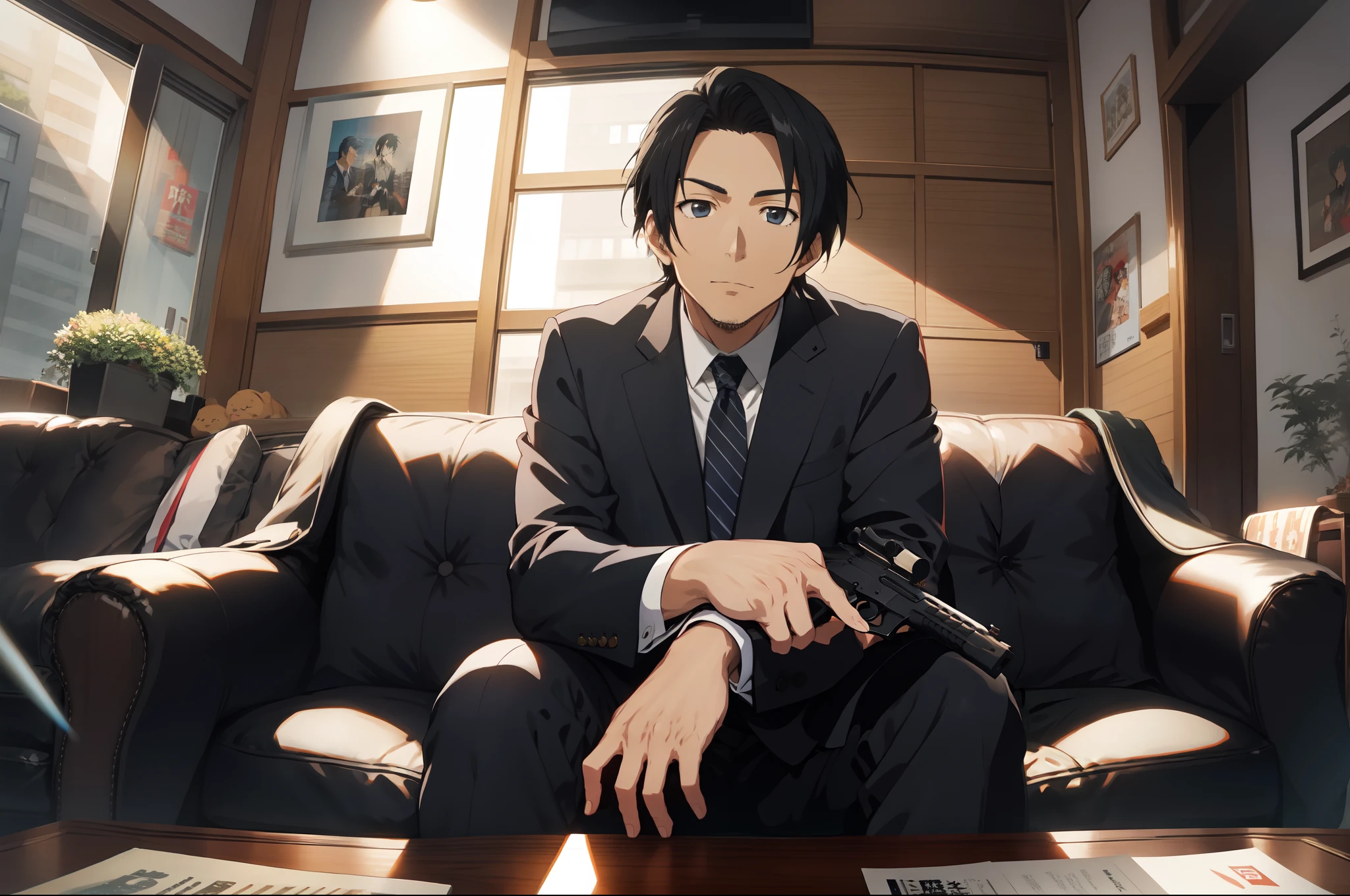 there is a man in a suit sitting on a couch with a gun, slick back hairstyle, with pistol, yakuza style, japanese mafia, in a suit, HD anime pict, black hair, picture by hajime isayama art, MAPPA studio, same hairstyle, trending on cg society, conceptual art, high quality anime movie still, ultra HD 4k, fine detail, as per image, indoor, pefect hand, anime style eyes.