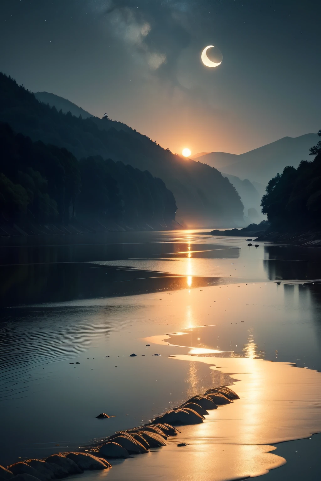 High quality masterpiece ，Natural scenery，"The tide of the Spring River is even Haiping，The bright moon on the sea coexists with the tide，Thousands of miles with the waves，Where the Spring River has no bright moon"，night scene，Aspect ratio 16:9,Detail enhancement，Meigetsu Yorisi。