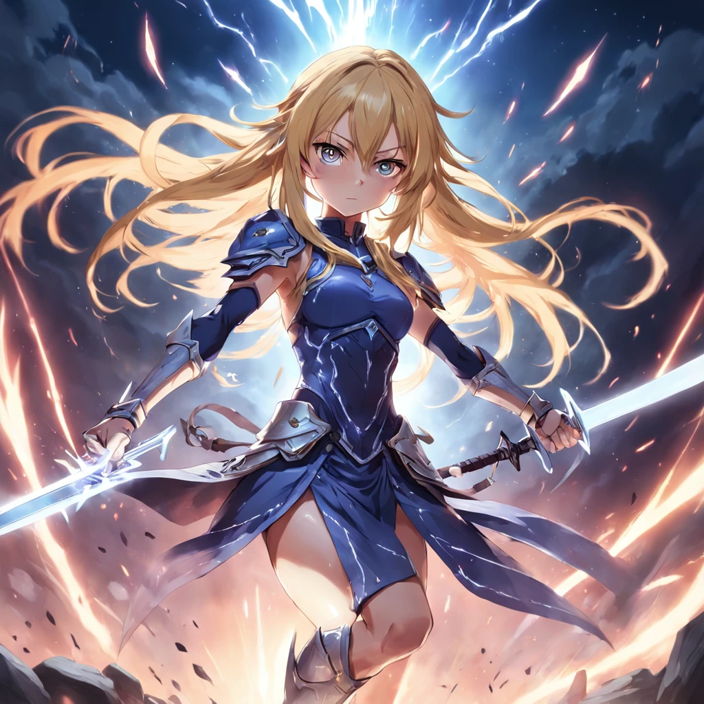 In this captivating digital illustration, the concept of Luna Runcandel from Sword Art Online comes to life in an epic battle pose. Luna stands with fierce determination, her sword gripped firmly in hand, surrounded by dynamic manga-style effects. A radiant aura of power envelops her, enhancing her warrior aura. Her windswept hair adds to the intensity of the scene, as digital mastery brings out every intricate detail of her armor. The color temperature leans towards cool tones, emphasizing the moonlit battle atmosphere. Her focused expression reflects the determination to conquer any challenge. Skillful lighting highlights the interplay of shadows and highlights, creating a sense of depth and action. --v 5 --stylize 1000