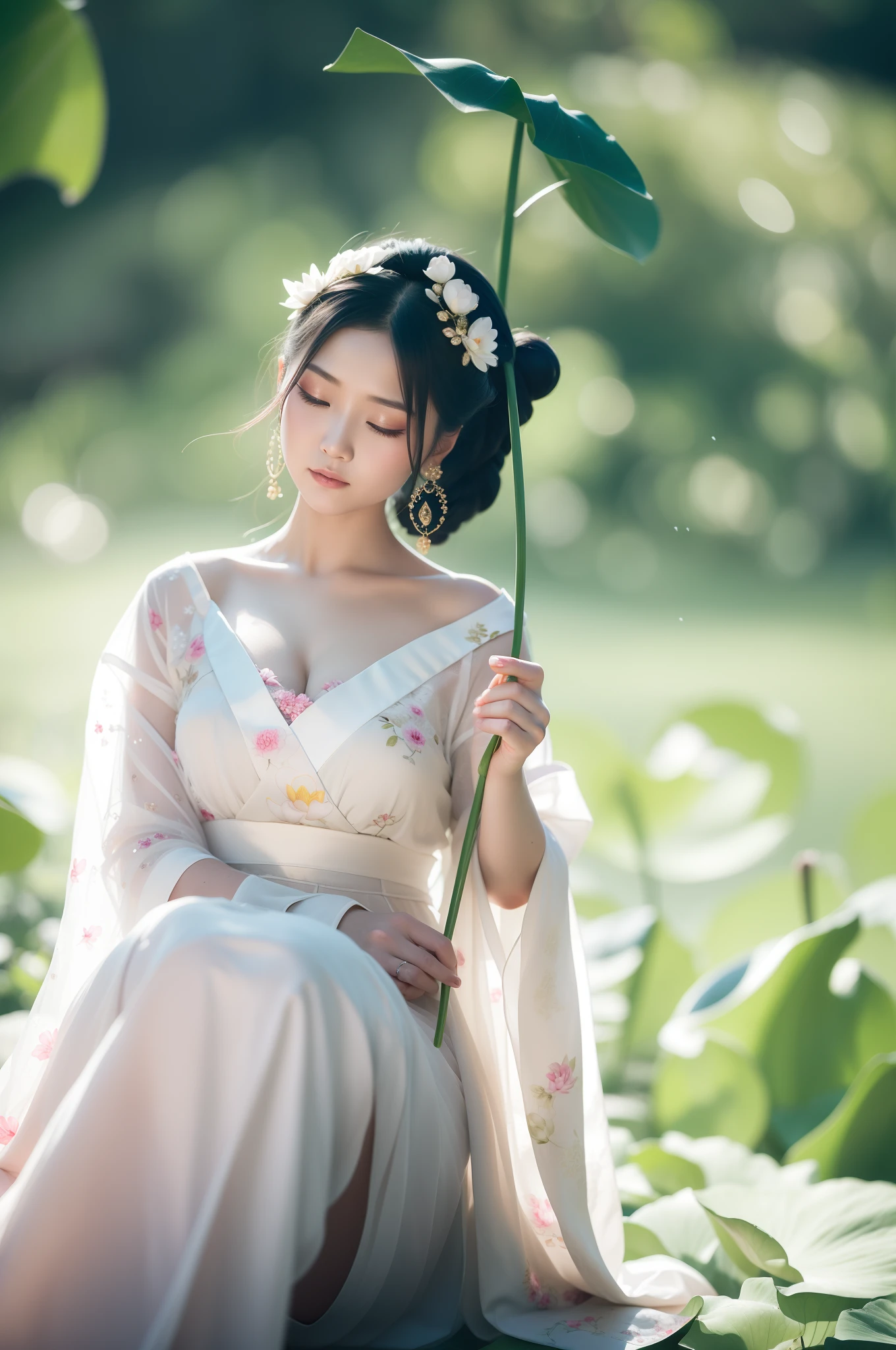 There was a woman sitting on the ground，Holding a flower in hand, Palace ， A girl in Hanfu, White Hanfu, Hanfu, Ethereal beauty, Wearing ancient Chinese clothes, Princesa chinesa antiga, Chinese girl, Traditional Chinese clothing, Inspired by Lan Ying, elegant japanese woman, with acient chinese clothes, a beautiful fantasy empress, China Princess, Chinese style, Chinese woman，ulzang-6500-v1.1，（RAW photogr：1.2），（（realisticlying：1.4）），best qualtiy，tmasterpiece，illustratio，Extremely Delicately Beautiful，astounding，finedetail，offcial art，Very detailed CG unity 8K wallpaper，absurderes，Incredibly Ridiculous res，hugefilesize，ultra - detailed，A high resolution，Beautiful Meticulous Girl，extremelydetailedeyesandface，beatiful detailed eyes，Light on the face，cinmatic lighting，1girll，full bodyesbian，full body shot shot，looking at viewert，（（blissful）），Best detail background，Lotus pond background，lotuses，Lotus leaf，Royal Family Park