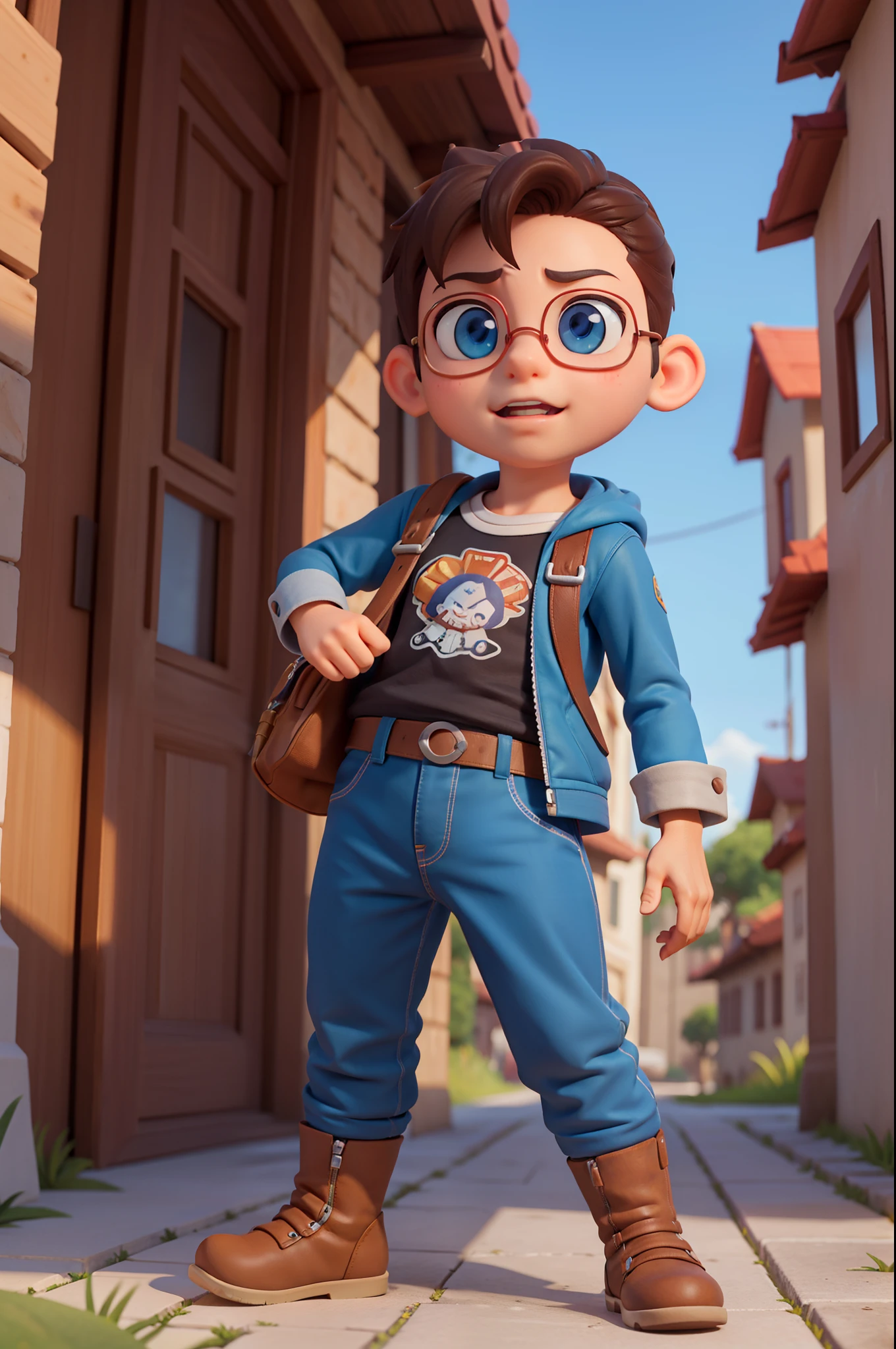 imagem arafed de um menino em uma roupa aventureira e uma mochila nas costas, Personagem pequeno. Motor Unreal 5, anime estilizado, Personagem altamente detalhado, anime estilo 3d, Estilo anime 3D realista, Personagem de close up, 3D estilizado, motor unreal face azul, 3 d render stylized, Personagem 3d realista, Caractere estilizado, renderizado em unrealengine