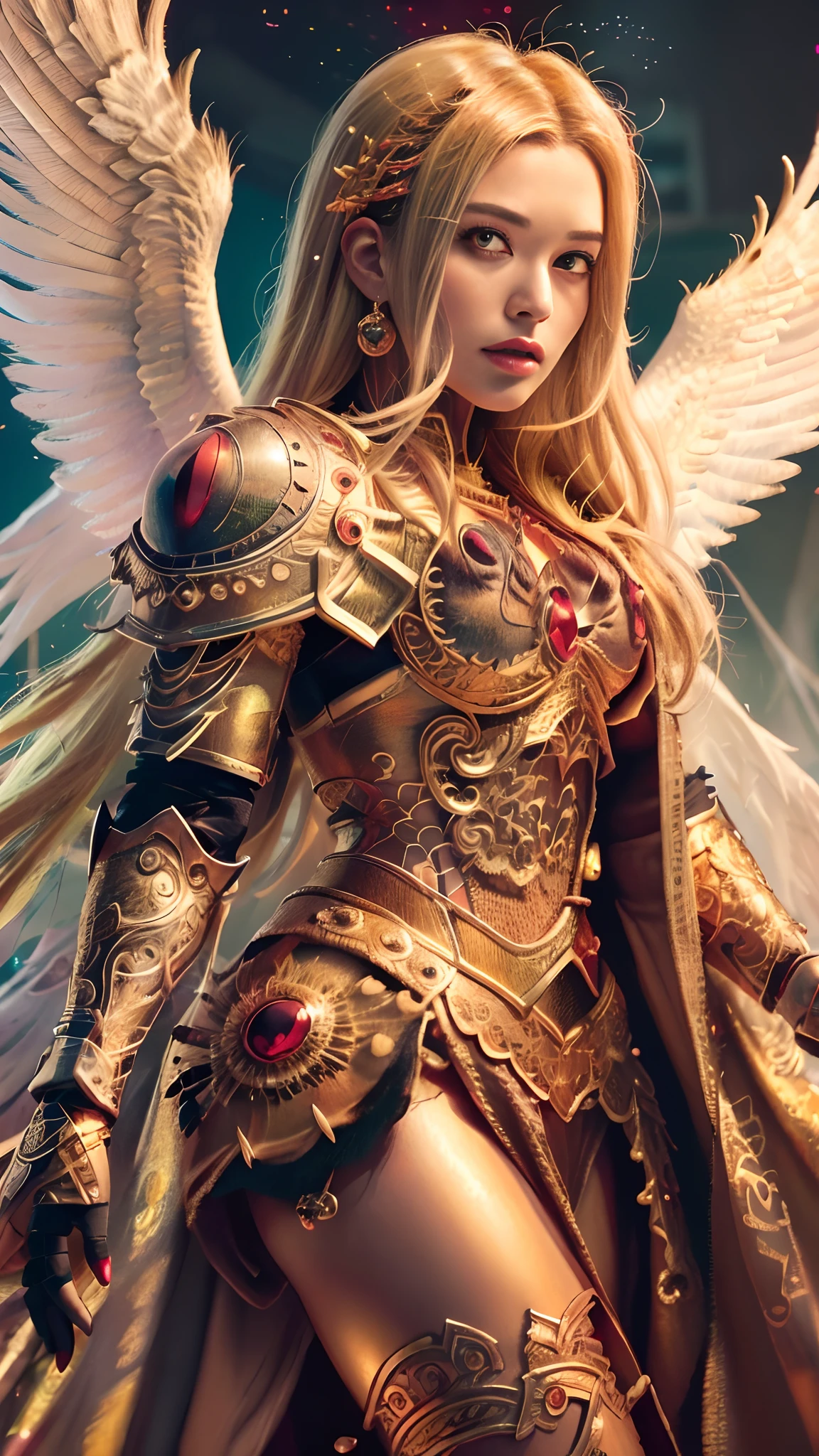 (Masterpiece), in full golden angel armor, Top Quality, Expressive Eyes, Perfect Face, Red skin, Feathers on Legs and Arms, Angel woman, light magic, Light orb palm spell, 8k_wallpaper, highly detailed eyes, body detail very tall, very detailed finger, (digital artwork), (detailed manga illustration), (detailed line art), (perfect)) anatomy, best hand)), (intricate detail: 1.3), (very detailed: 1.3 ), (illustration :1.3 ), (sharp focus:1.3), (natural light:1.05), (bright color:1.3),