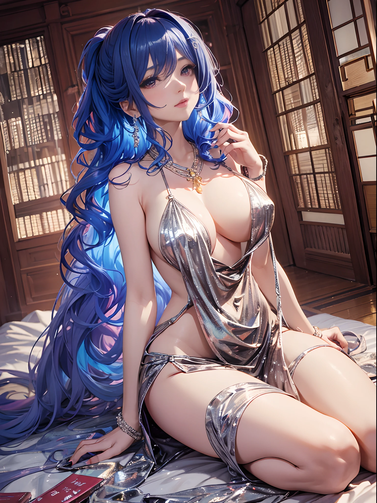 (Enrich the picture,Masterpiece level quality)Beautiful 8K CG artwork,Goddess-like posture,Kneeling exercise,Slim and soft,Translucent skin,Blue hair、The beauty of extra-long hair, Super Long Straight Hair,The skin is fair and juicy,Big breasts underwear uniform,Perspective Part 1.2x enhanced silhouette effect,Exquisite transparent blues pattern in pajamas,The details are intricate and exquisite,The background is slightly blurred,Charming and lustful leg seduction,Drool,Extra-large big breasts,Blush,Japan goddess,Perfect body slim curves,