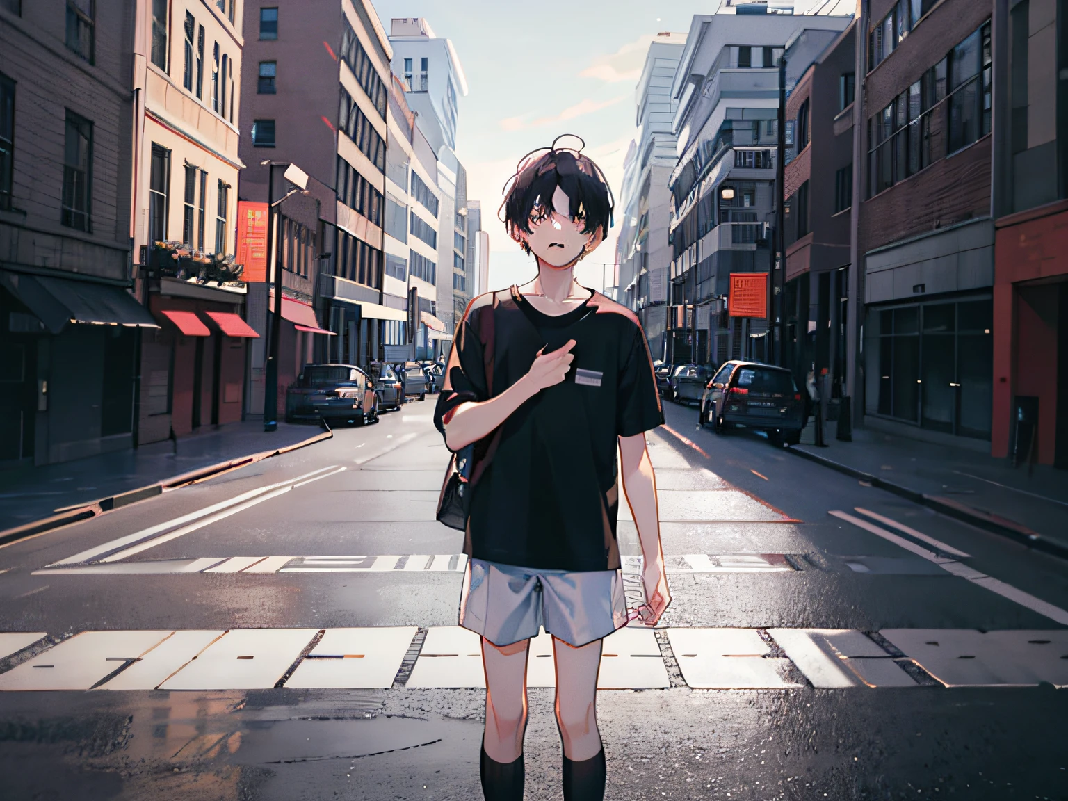 A boy is 25 years old,Stand in front of the school,Cry,Black short sleeves,white pantie,Black head short hair,looking at viewert,Solo show