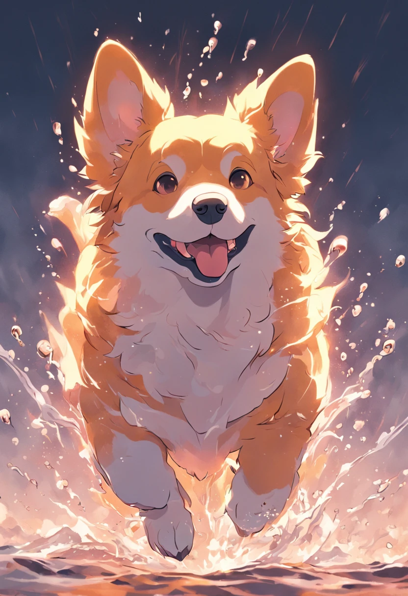 An emblematic logo of a vibrantly colored Welsh Corgi Pembroke dog, water elements, design simples, arte vetorial, minimum
