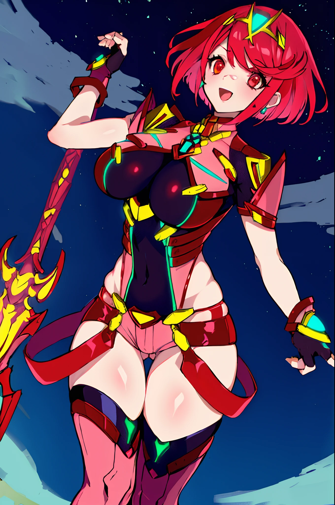 pyra \(xenoblade\), _1girl, loliarmor, bangs, black gloves, breasts, red eyes, closed mouth, earrings, eyelashes, fingerless gloves, floating hair, framed breasts, gem, gloves, hair ornament, headpiece, jewelry, big_breasts, leaning back, leotard, neon trim, official art, pose, red hair, red shorts, saitou masatsugu, short hair, short shorts, short sleeves, shorts, sidelocks, skin tight, solo, standing, swept bangs, thighhighs, tiara, night_prairie_background, turtleneck, underbust, vambraces, xenoblade chronicles \(series\), (xenoblade chronicles 2), apart_legs, fire_effect,dynamic_pose,fighting,light_smile, (plump:1.1), big_ass,huge_sword, hold_large_sword_hilt, solo, covered_nipples, covered_pussy,open_mouth,back_view, fists,