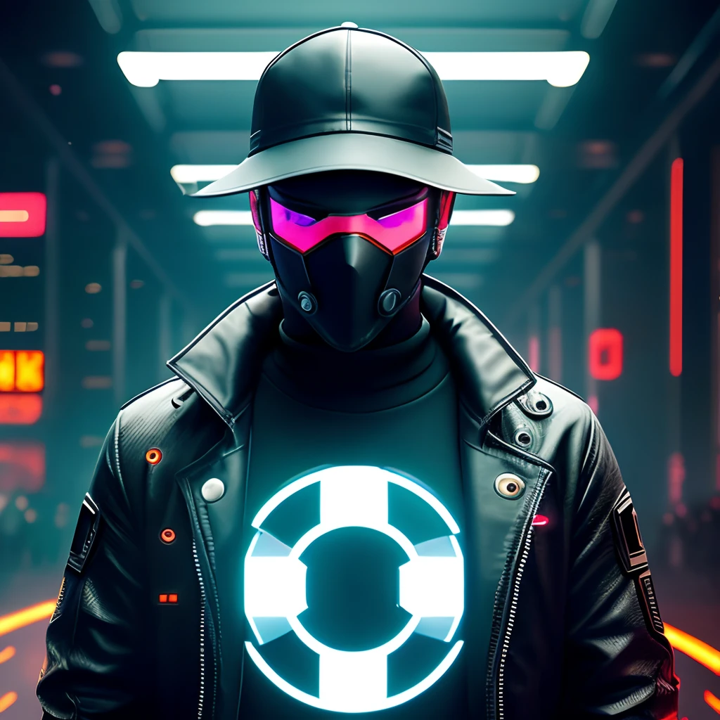 Men, cyberpunk, Wearing a hat., Wearing a mask., Code, world from digital symbols, matrix style, Dark background, Surrealism, cinematic lighting, projected inset, UHD, super detail, best quality