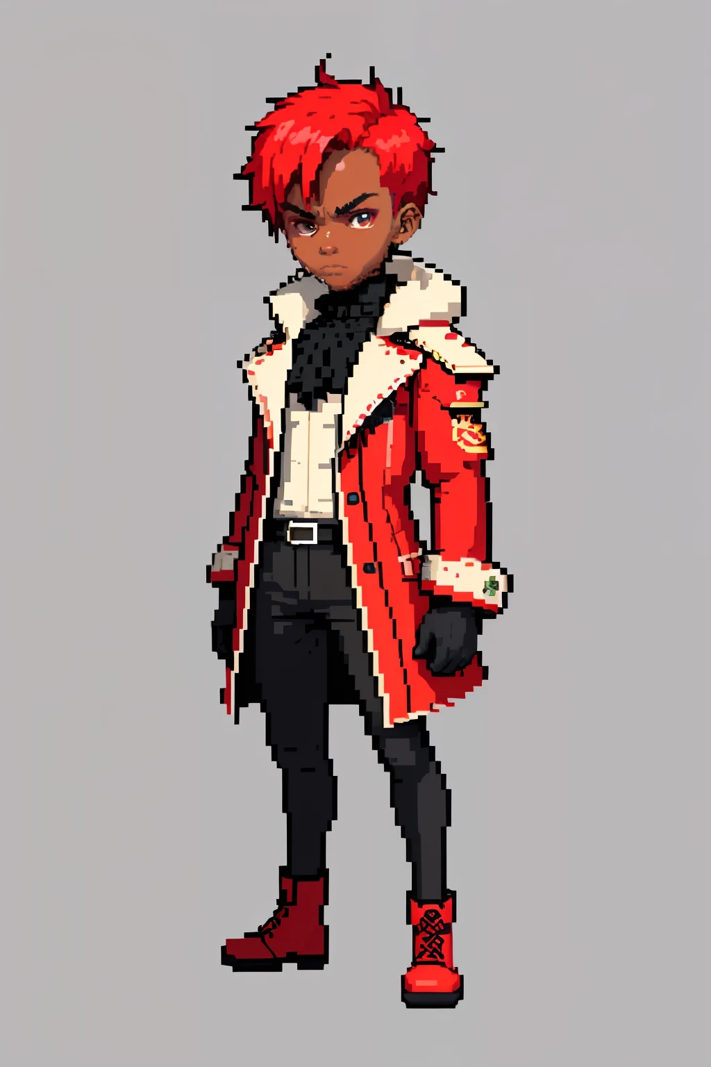 (Masterpiece), top quality, best quality), pixel, pixel art,20 yrs. boy, full body, long red coat, black skin young, one eye color red, red color hair, short hair, angry face, male