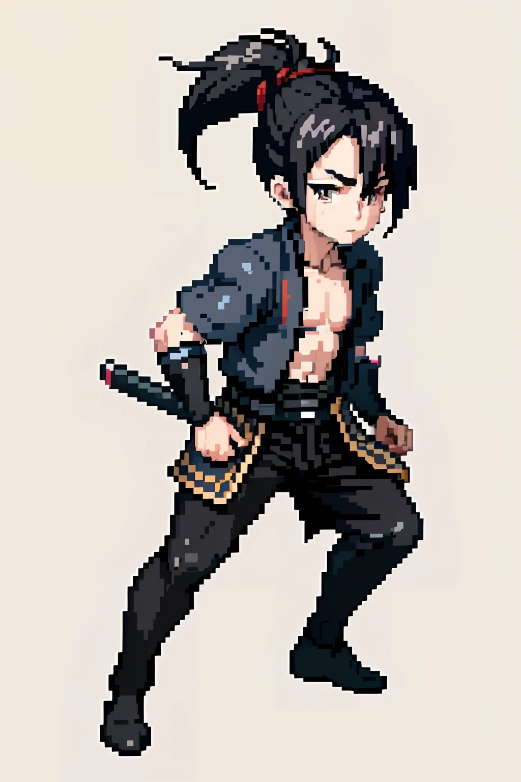 (masterpiece), top quality, best quality), pixel, pixel art,1ager boy,16 yd, full y, Samurai outfit, pale skin, young teenage boy, yellow eyes, black hair, mid-size ponytail (1.5), calm face, male, rindou Kobayashi hair style