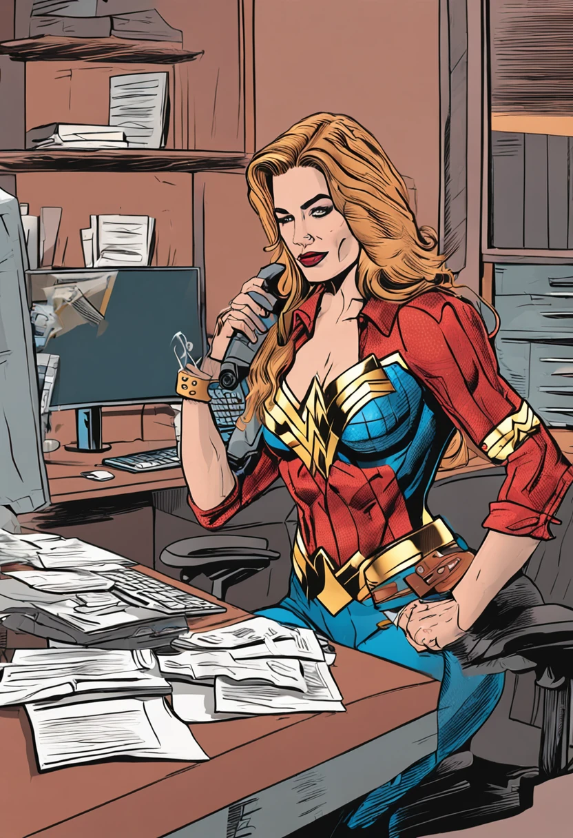 Mujer wonder woman, Medium-sized round breasts, Cara europea, Pelo rubio de cola de caballo, hablando por el celular en la oficina, cara de asombro, ejecutiva, atractiva, escritorio, computador de mesa.