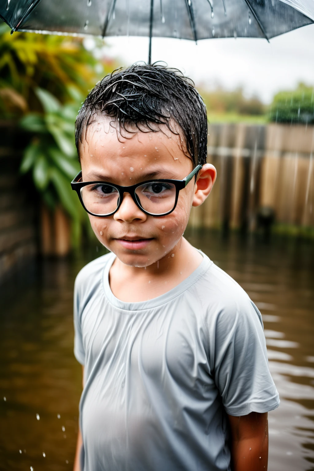 guttonerdvision10, A RAW photograph capturing a hyper-realistic portrait of a 3--old wearing glasses, standing in the rain. The boy is drenched, with water dripping from his hair and face, and his clothes are soaked. This detailed image highlights his skin with a level of detail at 1.3, revealing the texture and natural features of his face.
The rain creates a unique and compelling atmosphere, with water droplets clinging to the boy's face and hair. His expression captures the authenticity of the moment, showcasing a sense of wonder and playfulness despite getting wet.
The photograph is presented in UHD with a hyper-realism level of 1.3, ensuring exceptional visual quality. Rendering is done using Octane, providing a lifelike portrayal of the wet environment and the boy's genuine and emotive expression, making it a powerful and evocative image.