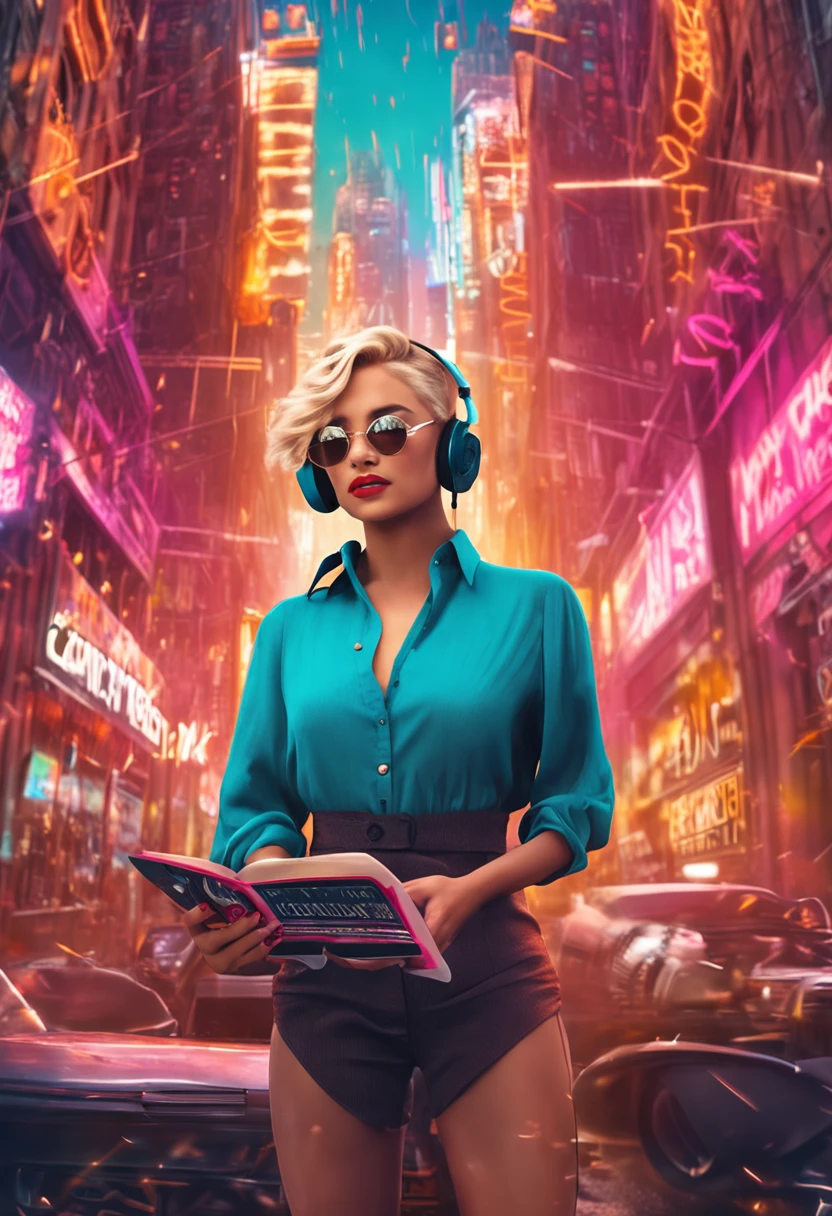 A 25-year-old girl in a tight blonde dress with short hair, sexy, con auriculares scuchando musica, tableta en la mano