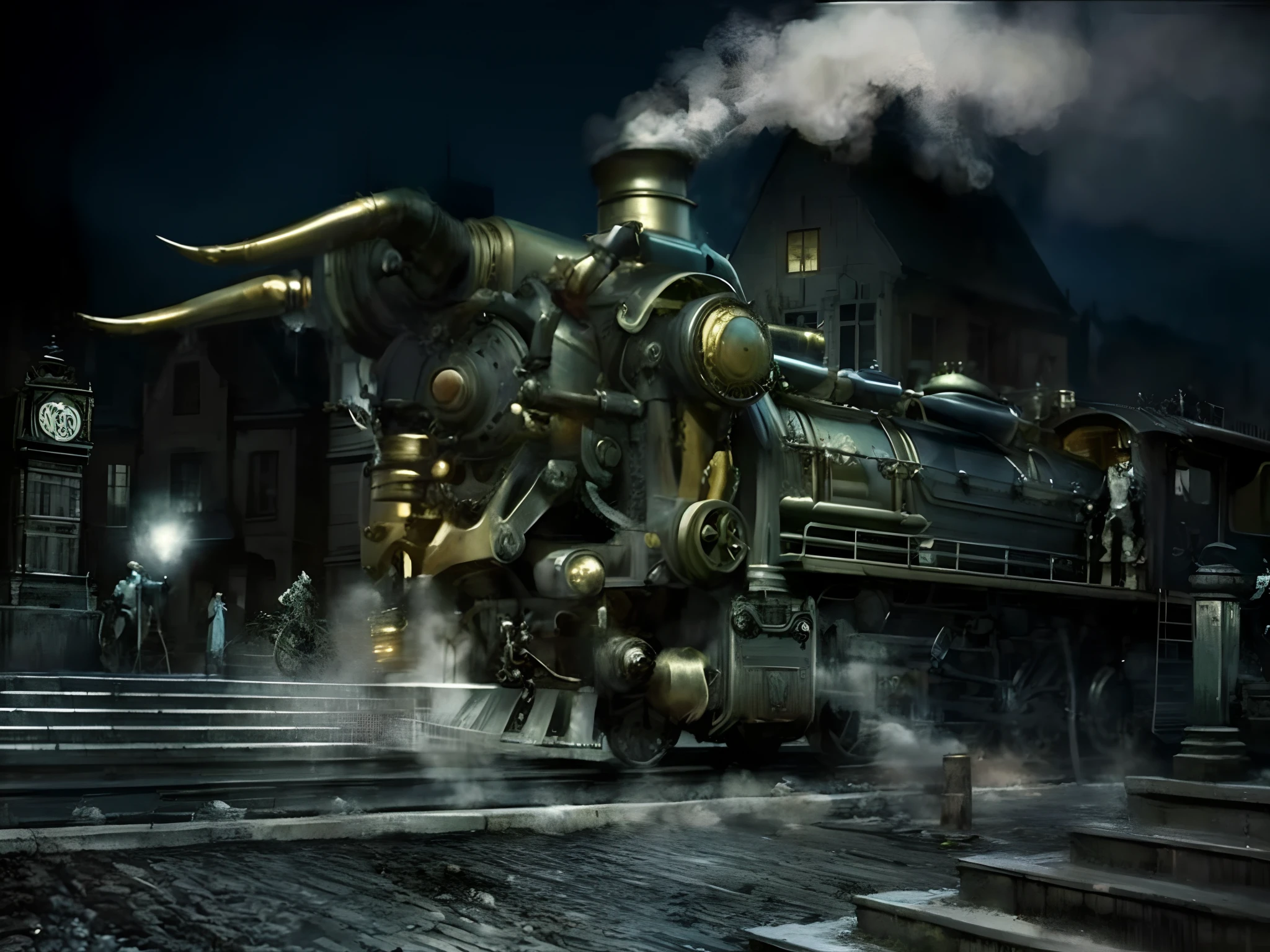 Envision a fearsome hybrid where a snake’s sleek, sinuous body merges with the imposing structure of a train. This creature slithers with the speed and agility of a serpent while boasting the metallic, powerful frame of a locomotive. Its scales could shimmer with a threatening metallic sheen, and its eyes might glow with an eerie, dangerous light. How would this menacing fusion navigate its environment, and what kind of peril does it pose?