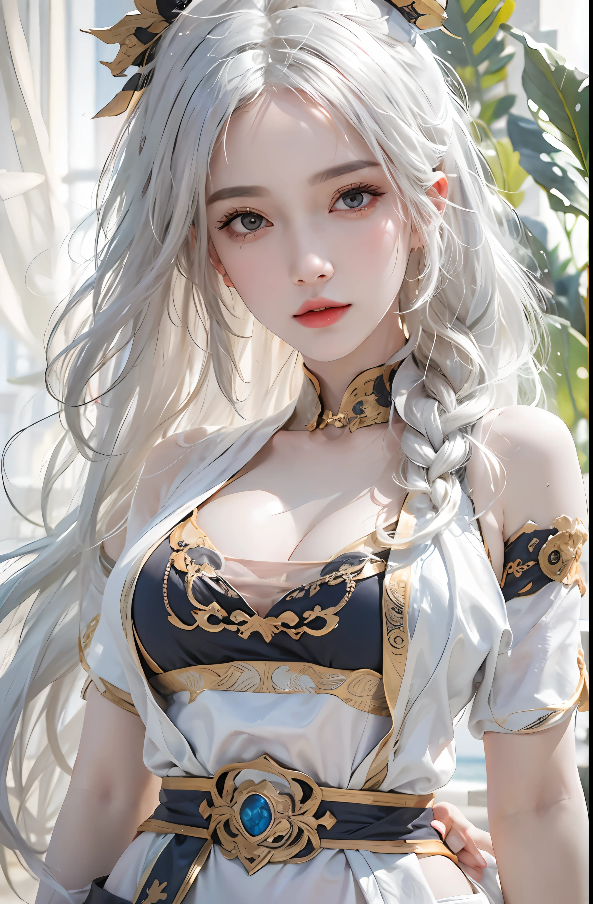 photorealistic, high resolution, 1women, solo, hips up, look at viewer, (detailed face), white hair, long hair, medium breasts, Taoist