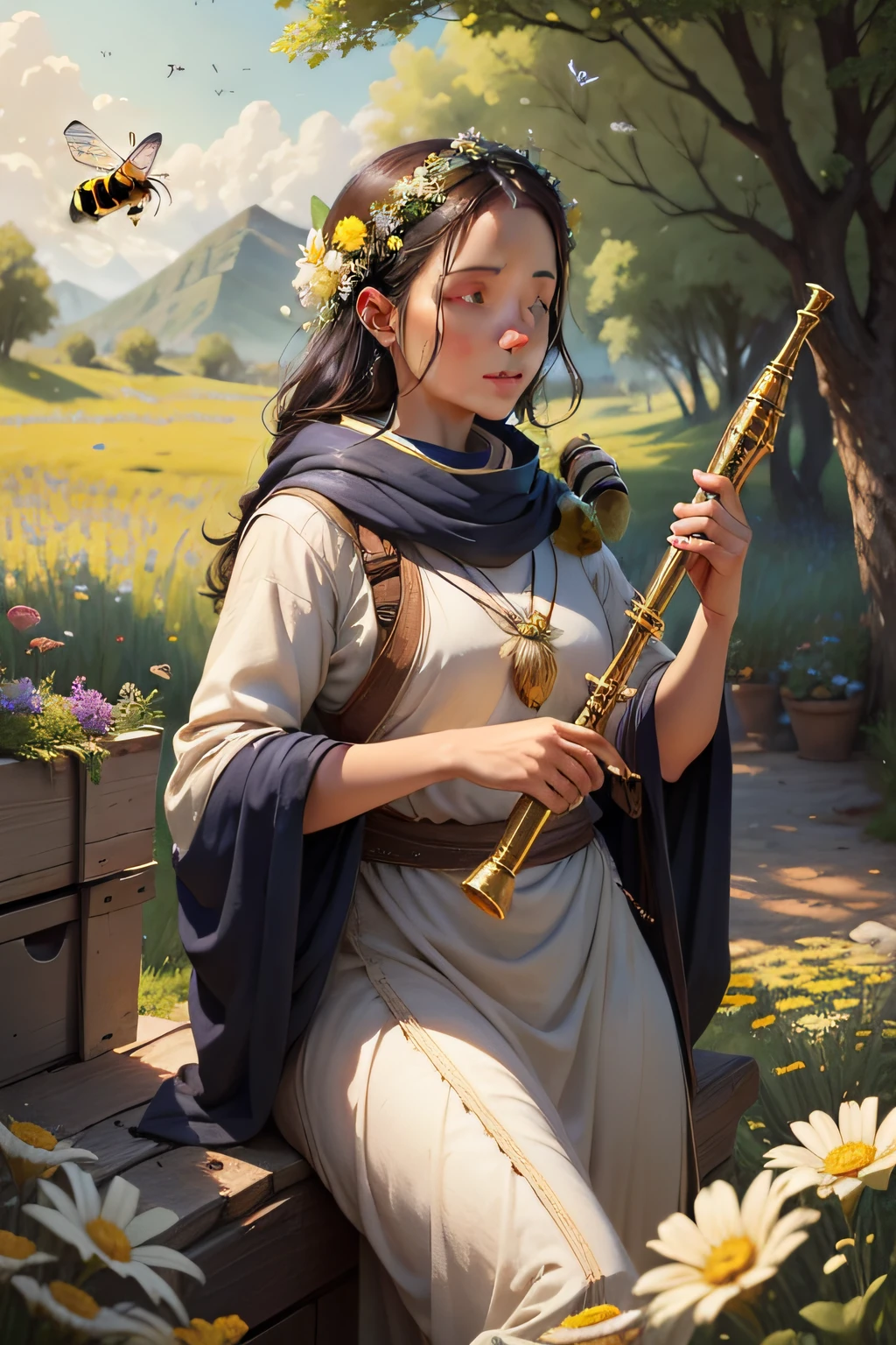 The shepherd is playing the flute and the bees are flying by