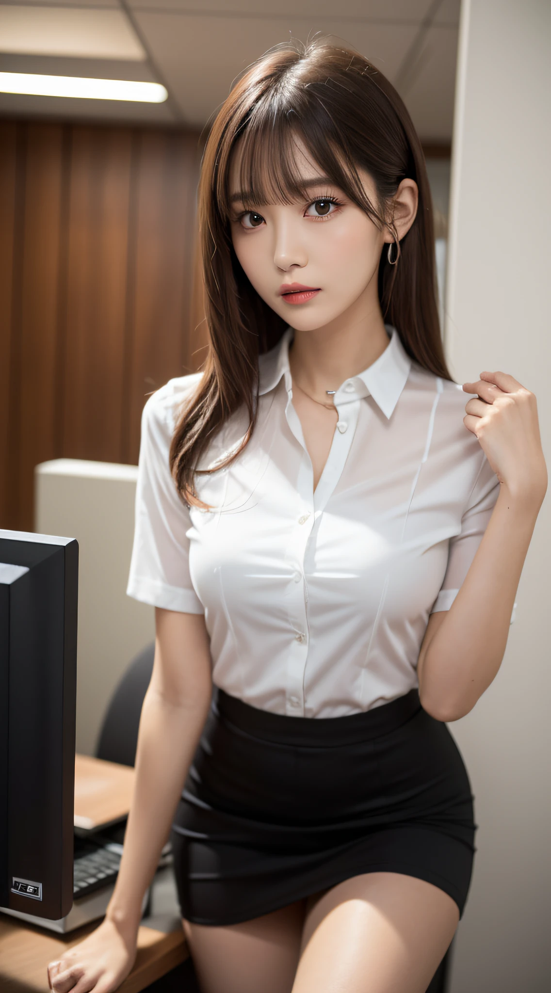 ulzzang-6500-v1.1,(RAW Photos:1.2),  (See-through:1.3), (Genuine:1.4), Upper class woman working in an office, Don&#39;t look at the audience、Turn away、wear an ultra-thin silk blouse over naked、wear ((See-through silk blouse:1.3)), Incredible beauty、Pantyhose and skirt, (Ultra-realistic pantyhose:1.3)、Elegant Japan Woman, Korean Model、Ultra-thin white shirt and gray skirt, Transparent grey skirt, Japanese Model, wear a blouse, Street fashion in Japanese cities, Japanese Street Fashion, Wearing long, loose clothing, Dressed in fluent clothes, Very cute model, wear a white blouse, Cute and elegant pose、Grin、Sharp focus,  Vivid details, Super Detail, Realistic skin texture, Detailed aspect, Highly detailed CG Unity 16k wallpaper, Makeup, (Detailed Background:1.2),　Realistic skin texture、Glowing Skin、Exposed thighs!!!、