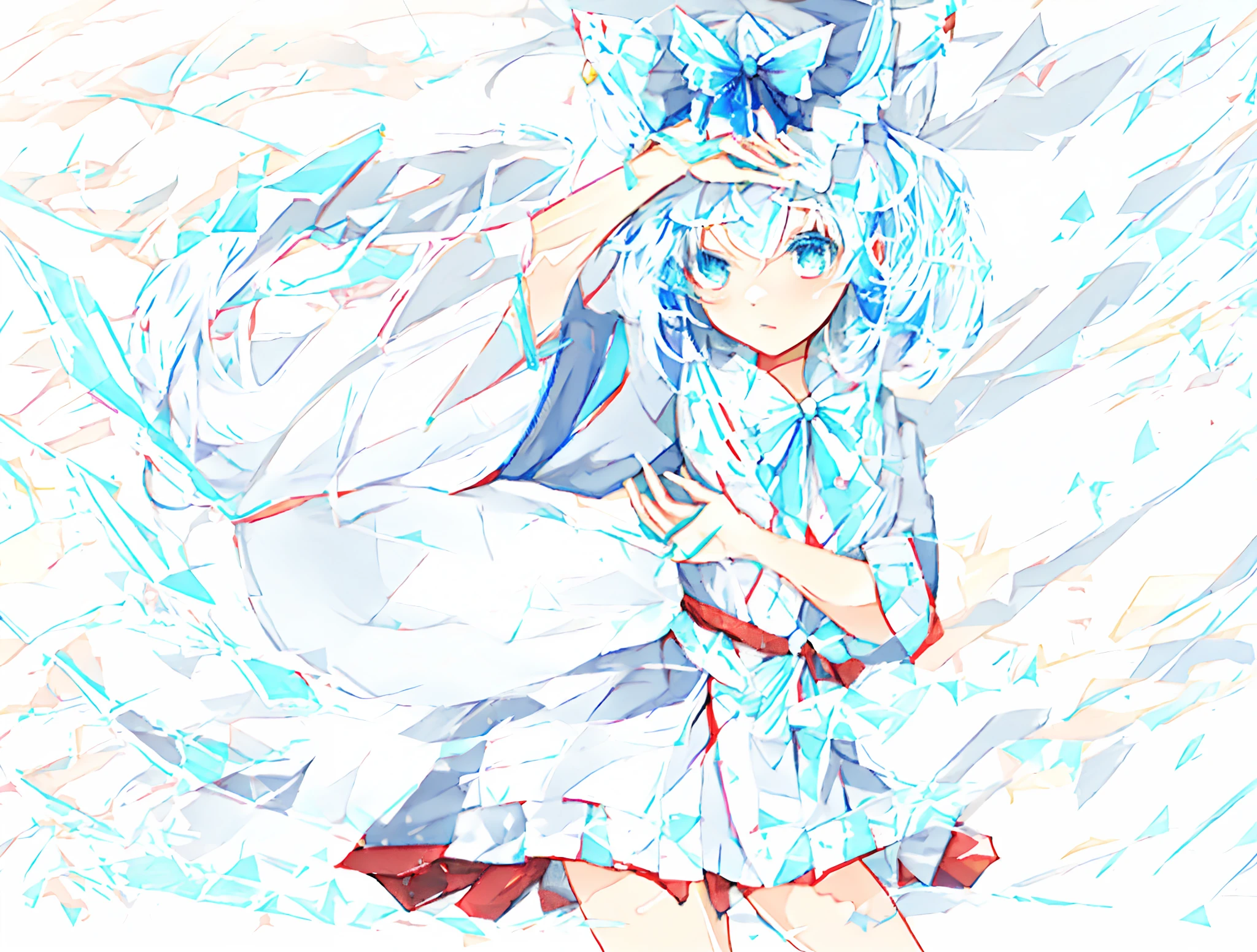 Anime girl in white dress and blue hat, white-haired god, cirno touhou, from touhou, 《Ghost Wind Special Assault Team》The art of pixels, Official artwork, cirno, zerochan art, style of anime4 K, white cyan, Digital art on Pixiv, touhou character, cirno from touhou, white hair floating in air