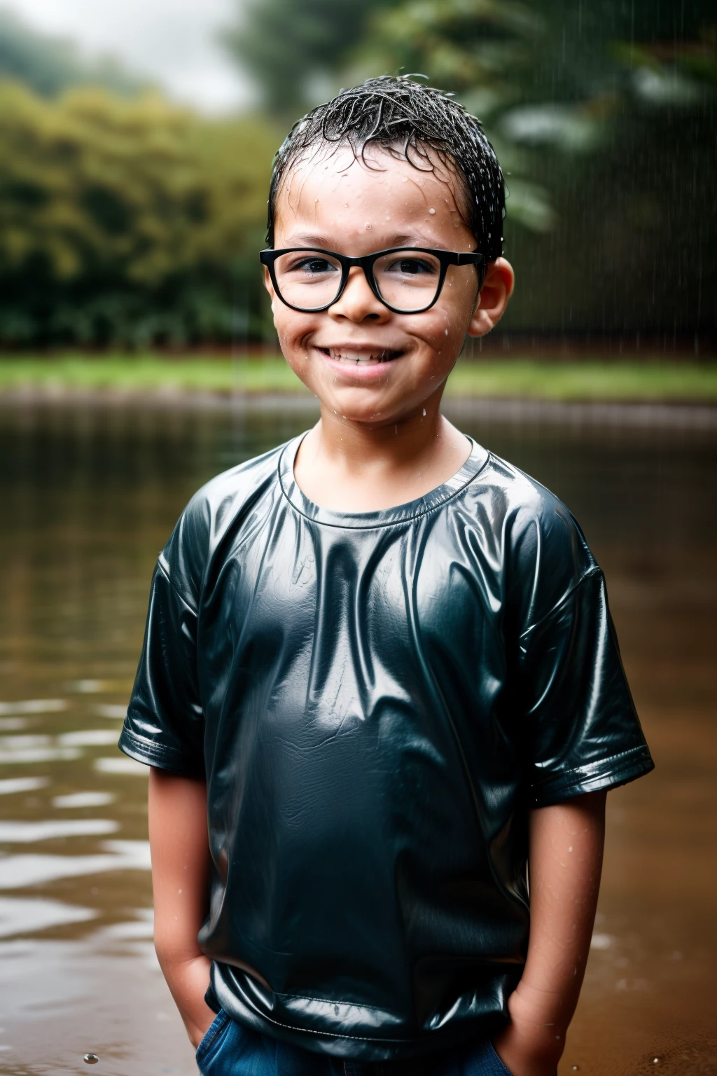 guttonerdvision10, A RAW photograph capturing a hyper-realistic portrait of a 3--old wearing glasses, standing in the rain. The boy is drenched, with water dripping from his hair and face, and his clothes are soaked. This detailed image highlights his skin with a level of detail at 1.3, revealing the texture and natural features of his face.
The rain creates a unique and compelling atmosphere, with water droplets clinging to the boy's face and hair. His expression captures the authenticity of the moment, showcasing a sense of wonder and playfulness despite getting wet.
The photograph is presented in UHD with a hyper-realism level of 1.3, ensuring exceptional visual quality. Rendering is done using Octane, providing a lifelike portrayal of the wet environment and the boy's genuine and emotive expression, making it a powerful and evocative image.