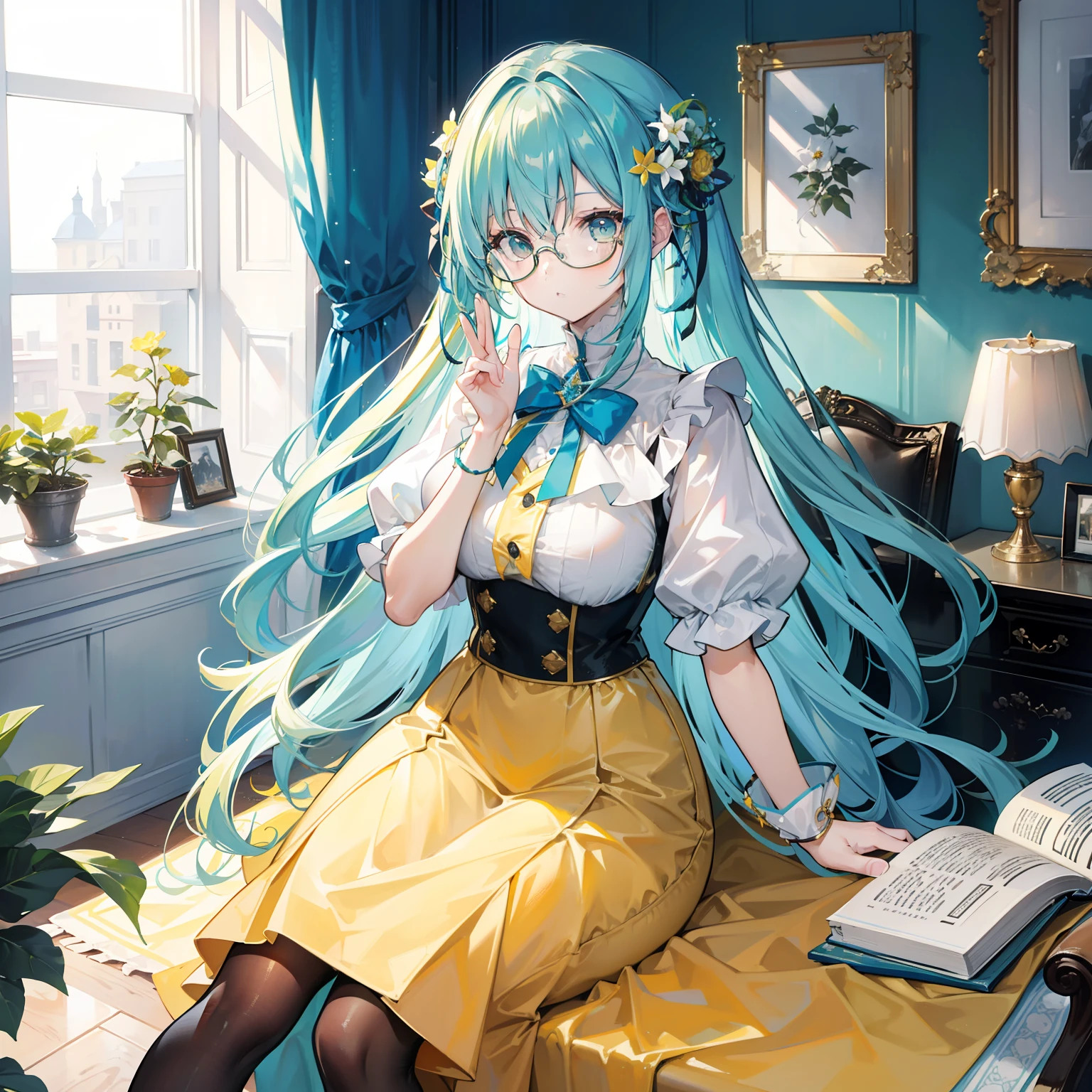 Long light yellowish blue hair,Pure yellow and blue with clothes,There are green and reddish-brown ornaments as decorations,With black-framed glasses,She is a lovely intellectual beautiful girl