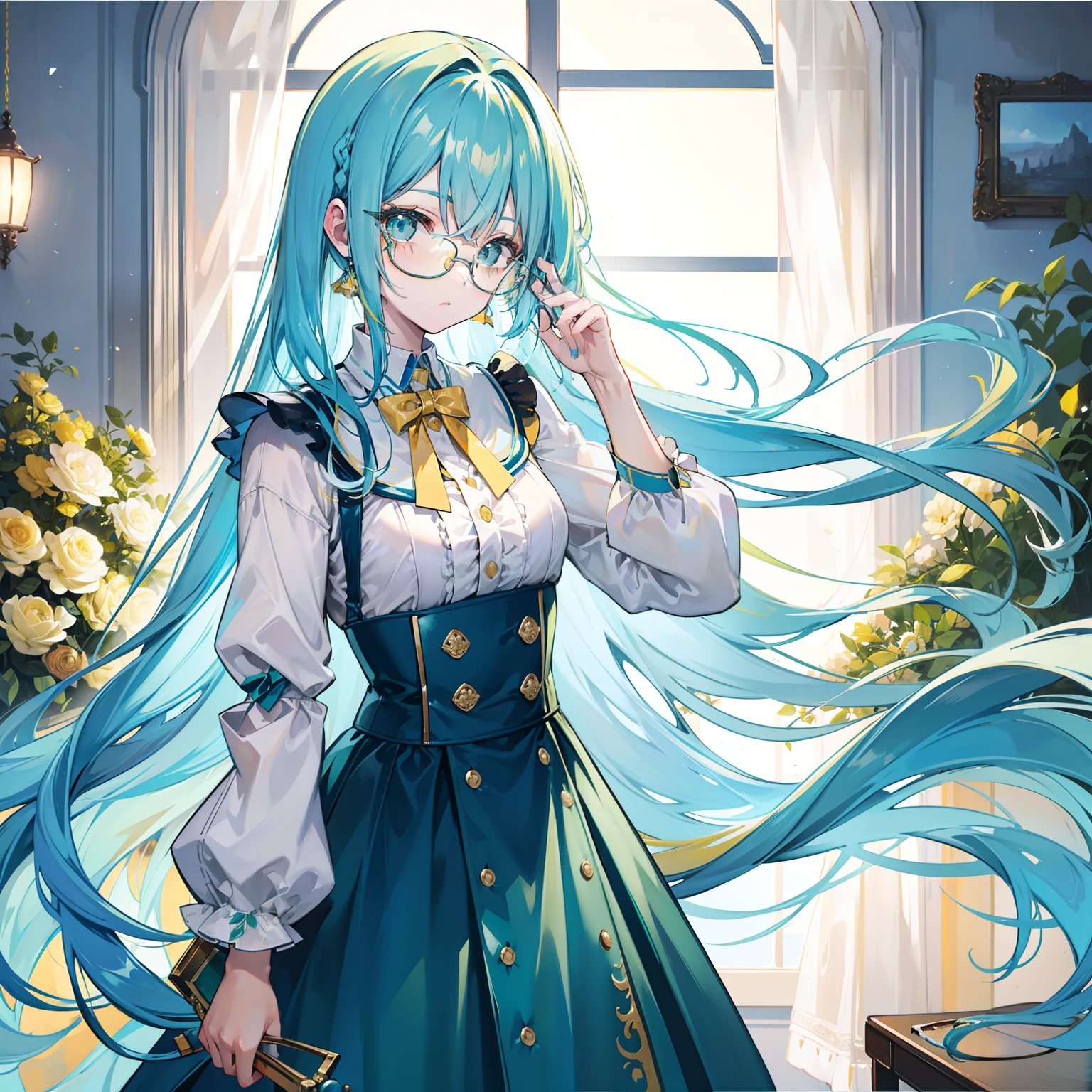 Long light yellowish blue hair,Pure yellow and blue with clothes,There are green and reddish-brown ornaments as decorations,With black-framed glasses,She is a lovely intellectual beautiful girl