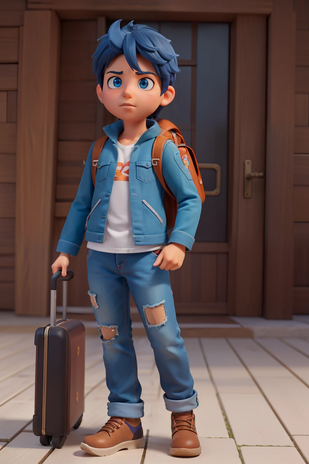 imagem arafed de um menino em uma roupa aventureira e uma mochila nas costas, Personagem pequeno. Motor Unreal 5, anime estilizado, Personagem altamente detalhado, anime estilo 3d, Estilo anime 3D realista, Personagem de close up, 3D estilizado, motor unreal face azul, 3 d render stylized, Personagem 3d realista, Caractere estilizado, renderizado em unrealengine