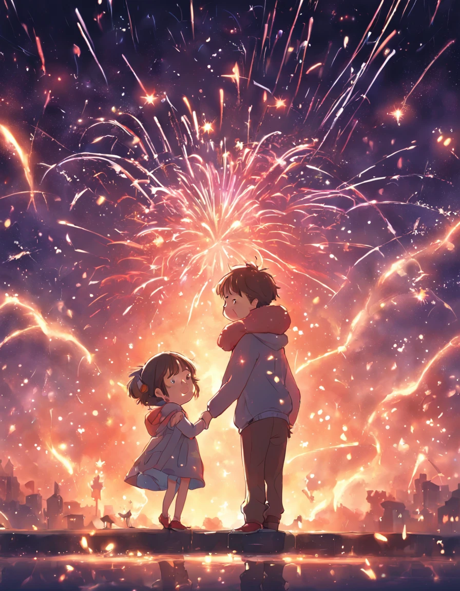 the night,Colorful,Fireworks all over the sky,Heart-shaped bubbles, couples,Cartoony,Chubby littl and little boy g each other,Glowing fireflies around,,Cute and cute,KIDS ILLUSTRATION,Glow effects,Dingdall effect,depth of fields,high light,Real light,Ray traching,oc rendered,Hyper-realistic,best qualtiy,8K,Works of masters,super-fine,Detailed pubic hair,Correct anatomy,sharp focus on eyes,Bokeh,Facial features are carefully depicted