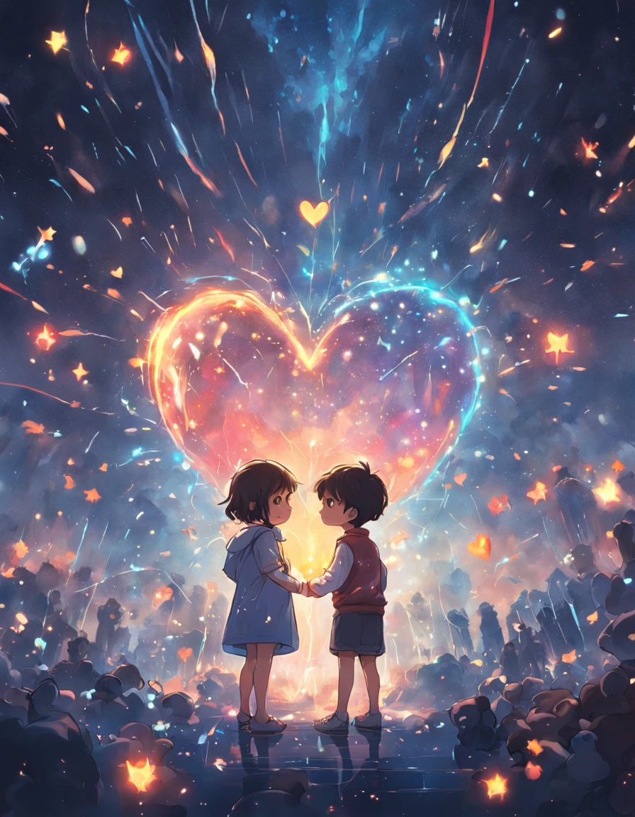 the night,Colorful,Fireworks all over the sky,Heart-shaped bubbles, couples,Cartoony,Chubby littl and little boy g each other,Glowing fireflies around,,Cute and cute,KIDS ILLUSTRATION,Glow effects,Dingdall effect,depth of fields,high light,Real light,Ray traching,oc rendered,Hyper-realistic,best qualtiy,8K,Works of masters,super-fine,Detailed pubic hair,Correct anatomy,sharp focus on eyes,Bokeh,Facial features are carefully depicted