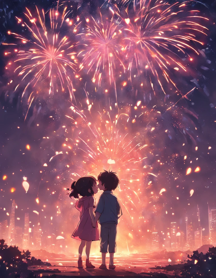 the night，Colorful，Fireworks all over the sky，Heart-shaped bubbles， couples，Cartoony，Chubby littl and little boy g each other，Glowing fireflies around，，Cute and cute，KIDS ILLUSTRATION，Glow effects，Dingdall effect，depth of fields，high light，Real light，Ray traching，oc rendered，Hyper-realistic，best qualtiy，8K，Works of masters，super-fine，Detailed pubic hair，Correct anatomy，sharp focus on eyes，Bokeh，Facial features are carefully depicted