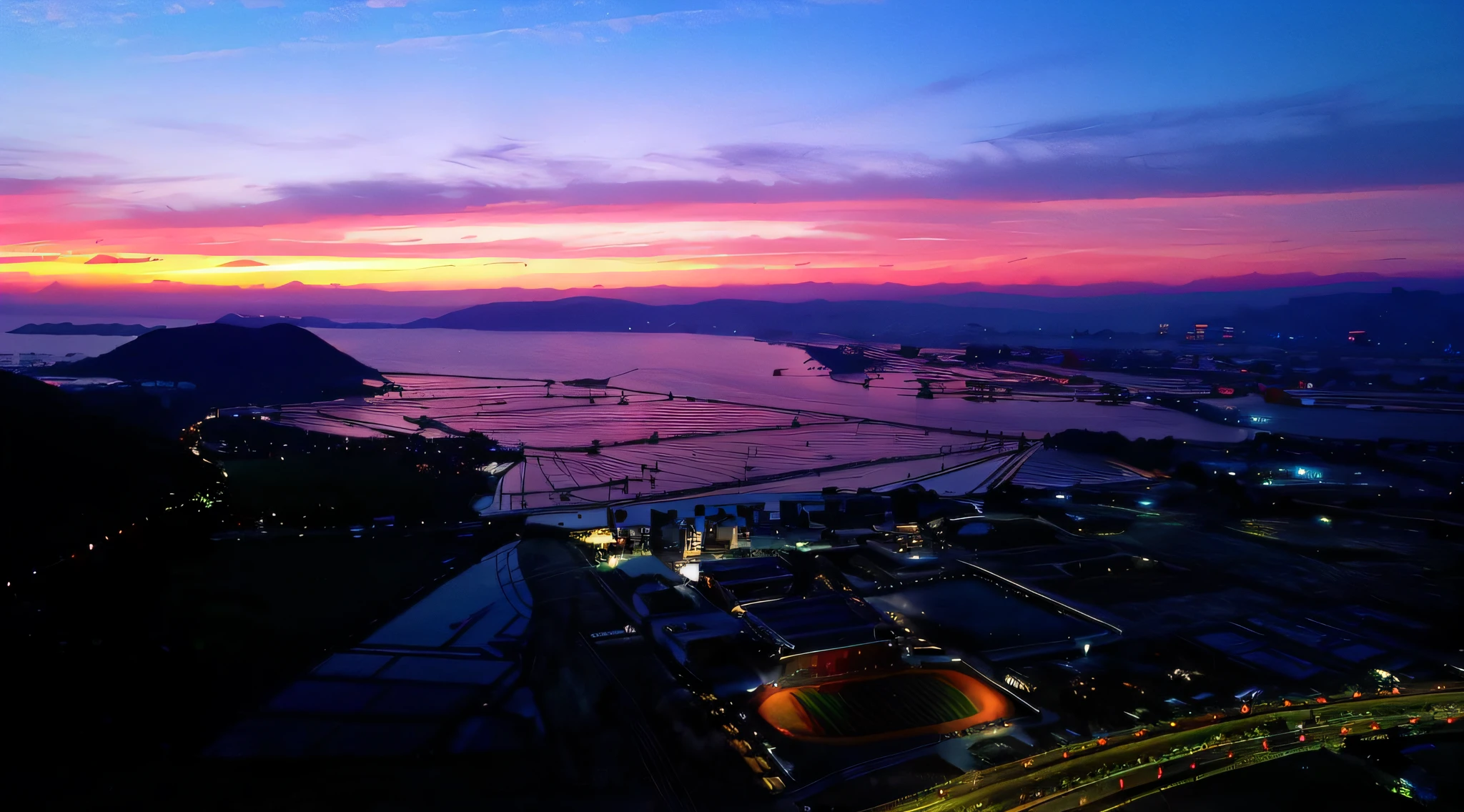 Sunset view of the city with football field, during sunrise, sunset sunrise, As night fell, the sunset, At sunrise, beautiful and spectacular dusk, Morning sunrise, sun rising, sunset kanagawa prefecture, shot from drone, breathtaking shot, late sunset, 4k drone photography, drone photography, the sunset, sunraise, shot from drone