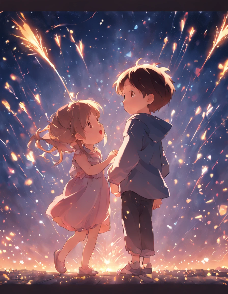 the night,Colorful,Fireworks all over the sky,Heart-shaped bubbles,Child couples,Cartoony,Chubby little girl and little boy hugging each other,Glowing fireflies around,,Cute and cute,KIDS ILLUSTRATION,Glow effects,Dingdall effect,depth of fields,high light,Real light,Ray traching,oc rendered,Hyper-realistic,best qualtiy,8K,Works of masters,super-fine,Detailed pubic hair,Correct anatomy,sharp focus on eyes,Bokeh,Facial features are carefully depicted