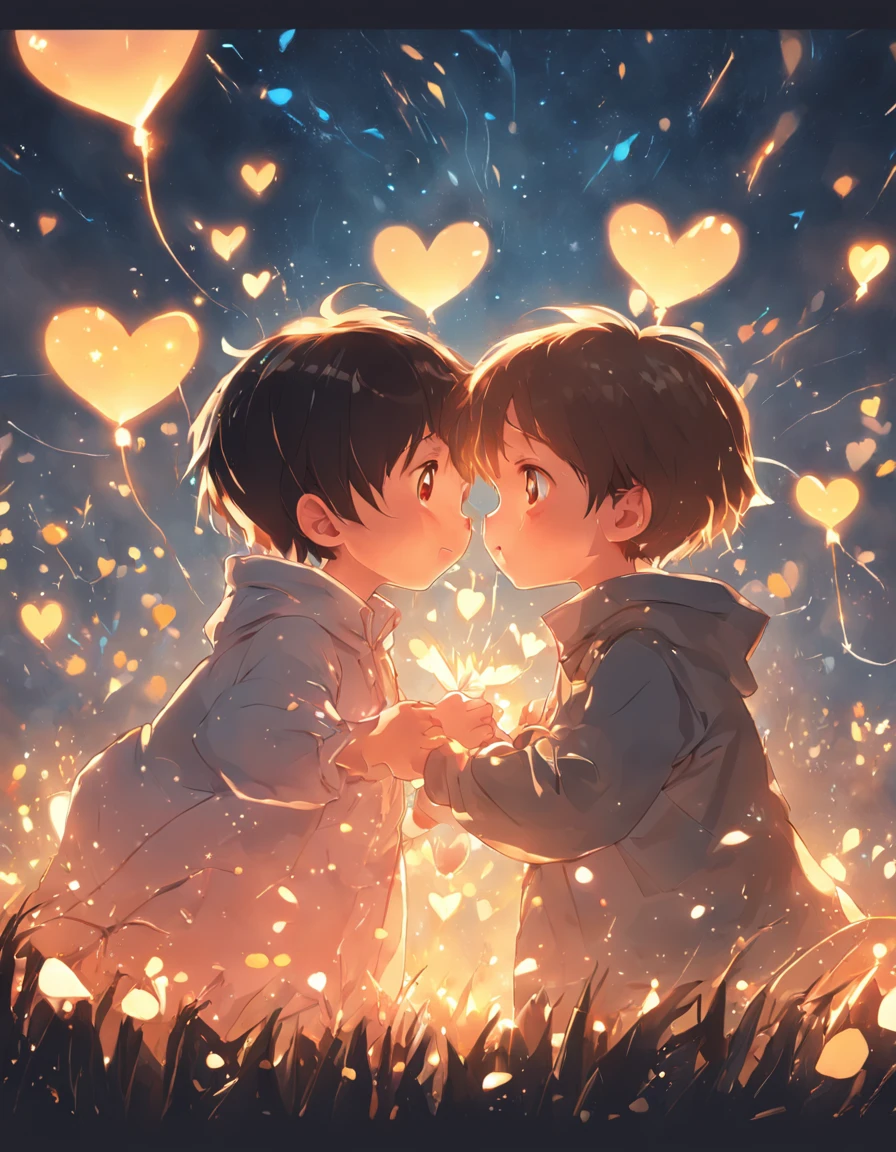 the night,Colorful,Fireworks all over the sky,Heart-shaped bubbles, couples,Cartoony,Chubby littl and little boy g each other,Glowing fireflies around,,Cute and cute,KIDS ILLUSTRATION,Glow effects,Dingdall effect,depth of fields,high light,Real light,Ray traching,oc rendered,Hyper-realistic,best qualtiy,8K,Works of masters,super-fine,Detailed pubic hair,Correct anatomy,sharp focus on eyes,Bokeh,Facial features are carefully depicted