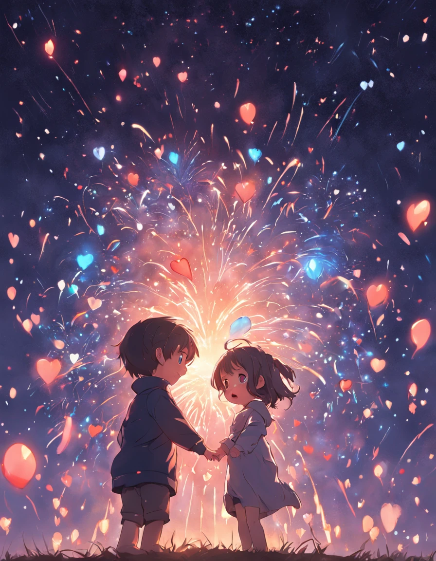 the night，Colorful，Fireworks all over the sky，Heart-shaped bubbles， couples，Cartoony，Chubby littl and little boy g each other，Glowing fireflies around，，Cute and cute，KIDS ILLUSTRATION，Glow effects，Dingdall effect，depth of fields，high light，Real light，Ray traching，oc rendered，Hyper-realistic，best qualtiy，8K，Works of masters，super-fine，Detailed pubic hair，Correct anatomy，sharp focus on eyes，Bokeh，Facial features are carefully depicted