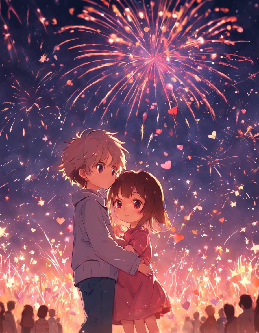 the night,Colorful,Fireworks all over the sky,Heart-shaped bubbles, couples,Cartoony,Chubby littl and little boy g each other,Glowing fireflies around,,Cute and cute,KIDS ILLUSTRATION,Glow effects,Dingdall effect,depth of fields,high light,Real light,Ray traching,oc rendered,Hyper-realistic,best qualtiy,8K,Works of masters,super-fine,Detailed pubic hair,Correct anatomy,sharp focus on eyes,Bokeh,Facial features are carefully depicted