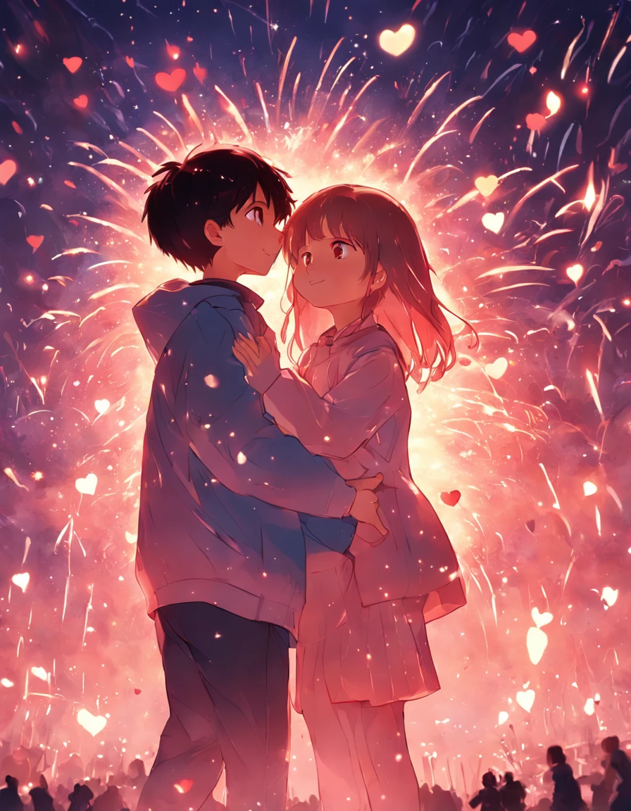 the night,Colorful,Fireworks all over the sky,Heart-shaped bubbles, couples,Cartoony,Chubby littl and little boy g each other,Glowing fireflies around,,Cute and cute,KIDS ILLUSTRATION,Glow effects,Dingdall effect,depth of fields,high light,Real light,Ray traching,oc rendered,Hyper-realistic,best qualtiy,8K,Works of masters,super-fine,Detailed pubic hair,Correct anatomy,sharp focus on eyes,Bokeh,Facial features are carefully depicted