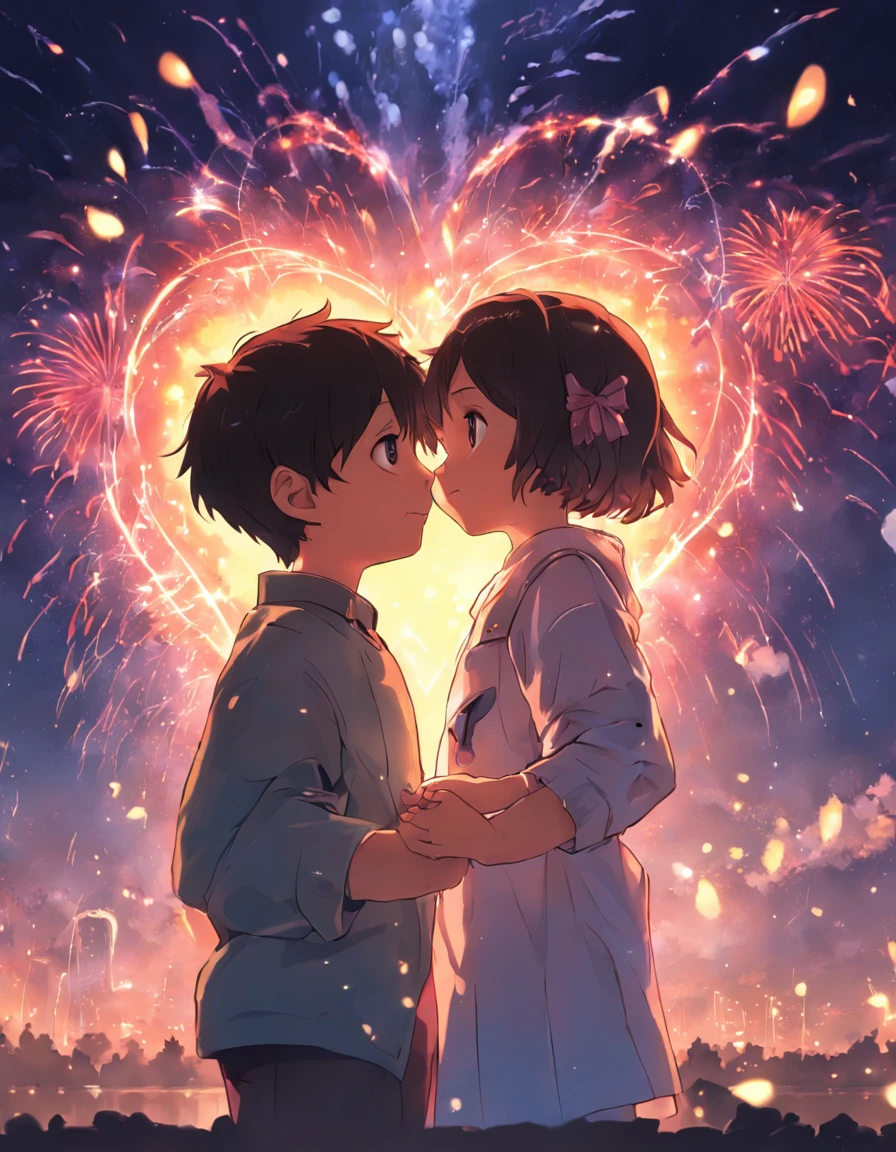 the night,Colorful,Fireworks all over the sky,Heart-shaped bubbles, couples,Cartoony,Chubby littl and little boy g each other,Glowing fireflies around,,Cute and cute,KIDS ILLUSTRATION,Glow effects,Dingdall effect,depth of fields,high light,Real light,Ray traching,oc rendered,Hyper-realistic,best qualtiy,8K,Works of masters,super-fine,Detailed pubic hair,Correct anatomy,sharp focus on eyes,Bokeh,Facial features are carefully depicted