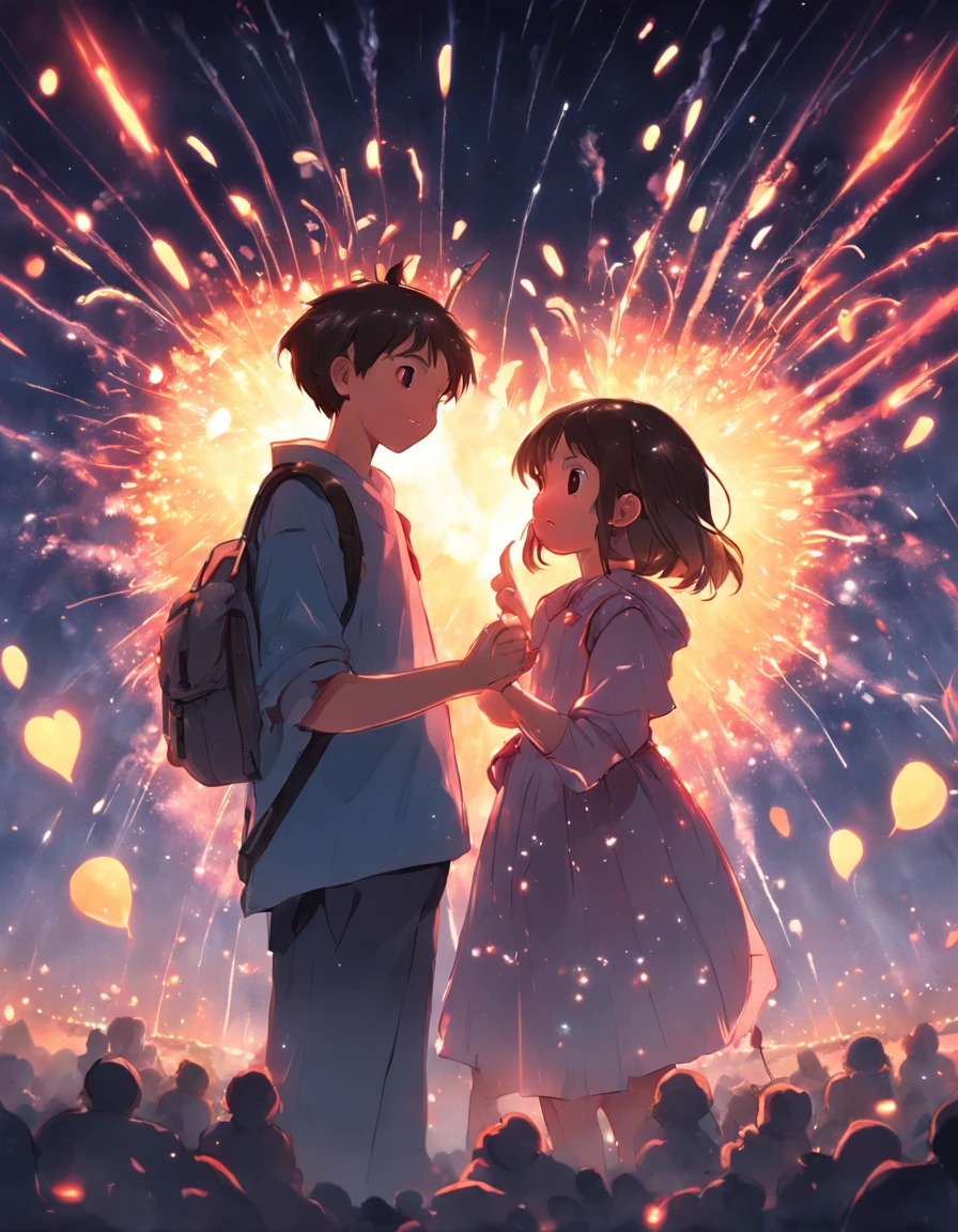 the night，Colorful，Fireworks all over the sky，Heart-shaped bubbles， couples，Cartoony，Chubby littl and little boy g each other，Glowing fireflies around，，Cute and cute，KIDS ILLUSTRATION，Glow effects，Dingdall effect，depth of fields，high light，Real light，Ray traching，oc rendered，Hyper-realistic，best qualtiy，8K，Works of masters，super-fine，Detailed pubic hair，Correct anatomy，sharp focus on eyes，Bokeh，Facial features are carefully depicted