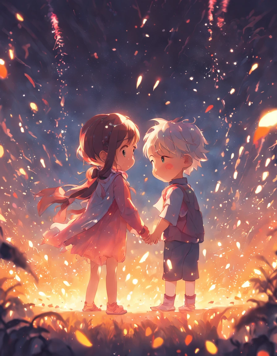 the night，Colorful，Fireworks all over the sky，Heart-shaped bubbles，Child couples，Cartoony，Chubby little girl and little boy hugging each other，Glowing fireflies around，，Cute and cute，KIDS ILLUSTRATION，Glow effects，Dingdall effect，depth of fields，high light，Real light，Ray traching，oc rendered，Hyper-realistic，best qualtiy，8K，Works of masters，super-fine，Detailed pubic hair，Correct anatomy，sharp focus on eyes，Bokeh，Facial features are carefully depicted